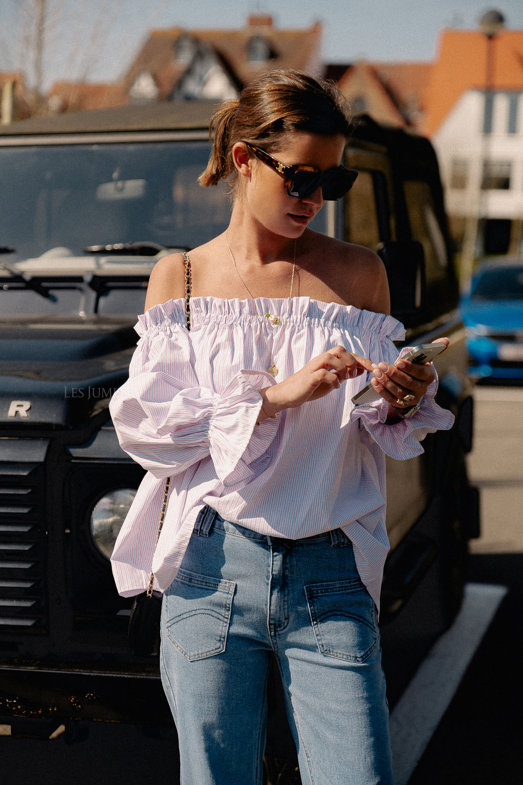 Isabeau off shoulder blouse roze/blauw