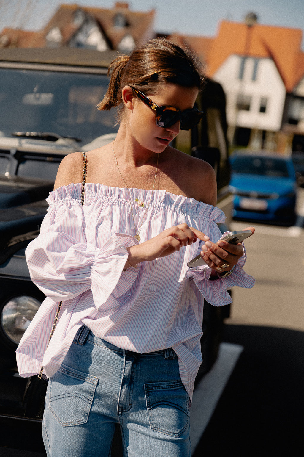 Isabeau off shoulder blouse roze/blauw