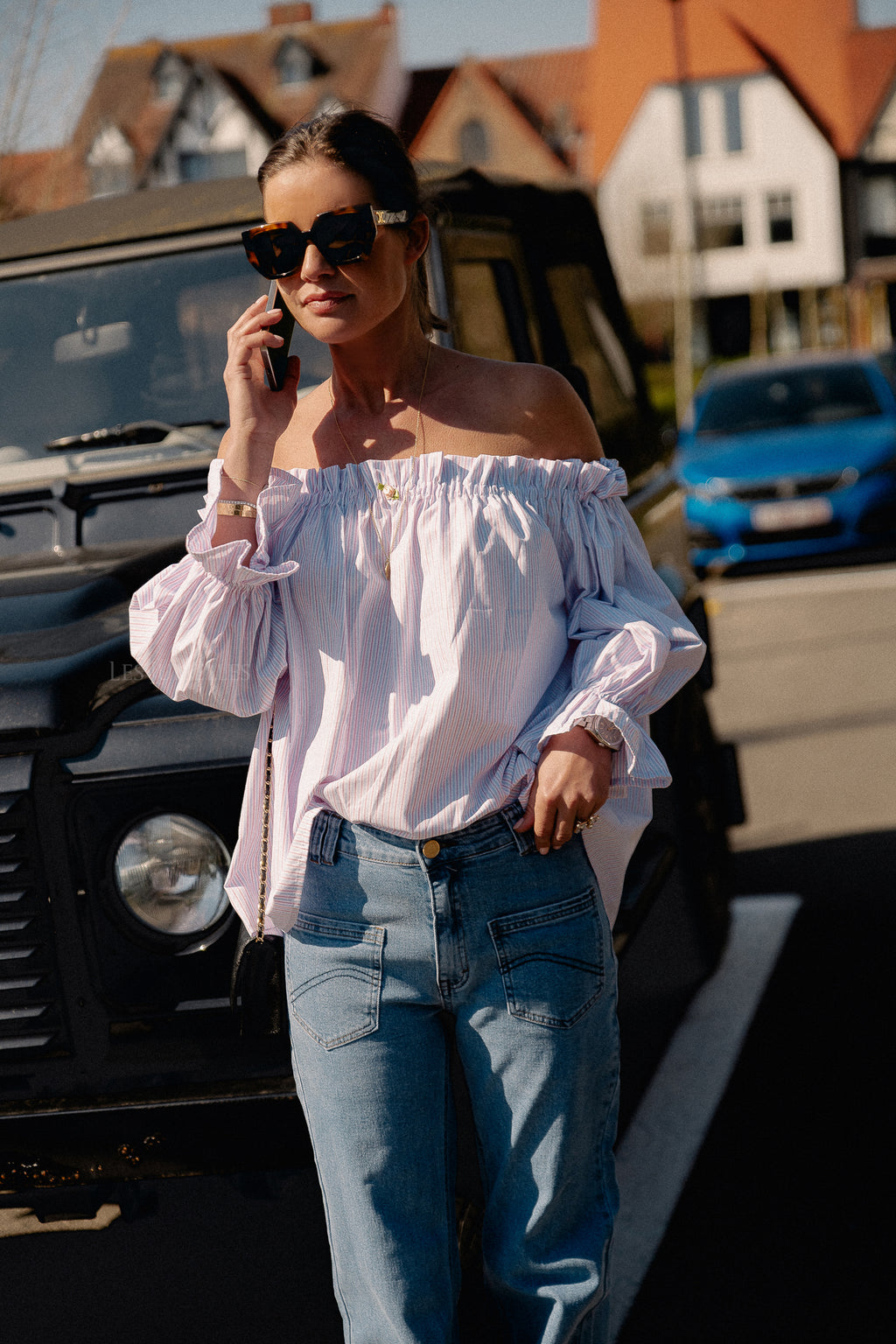 Isabeau off shoulder blouse roze/blauw