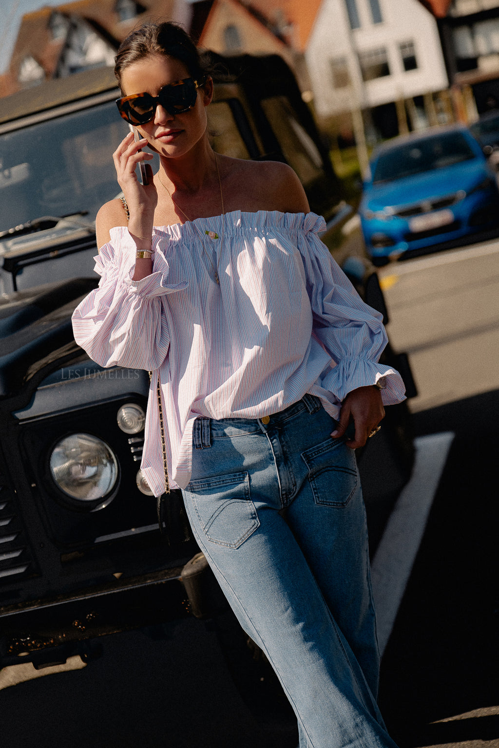 Isabeau off shoulder blouse roze/blauw