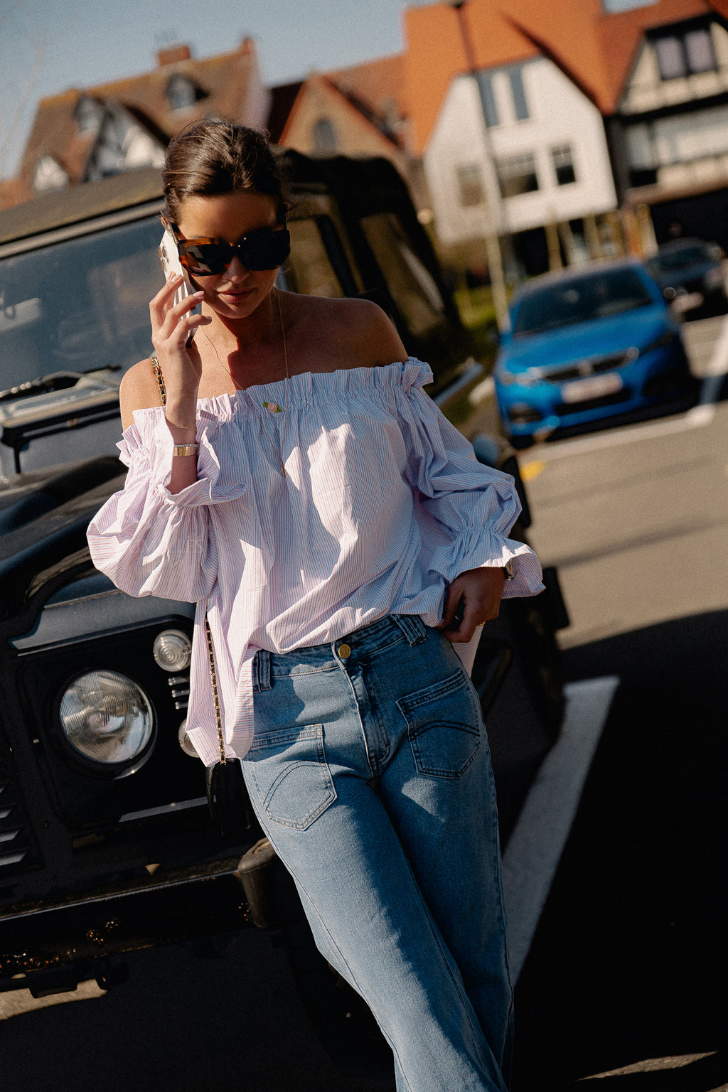 Isabeau off shoulder blouse roze/blauw