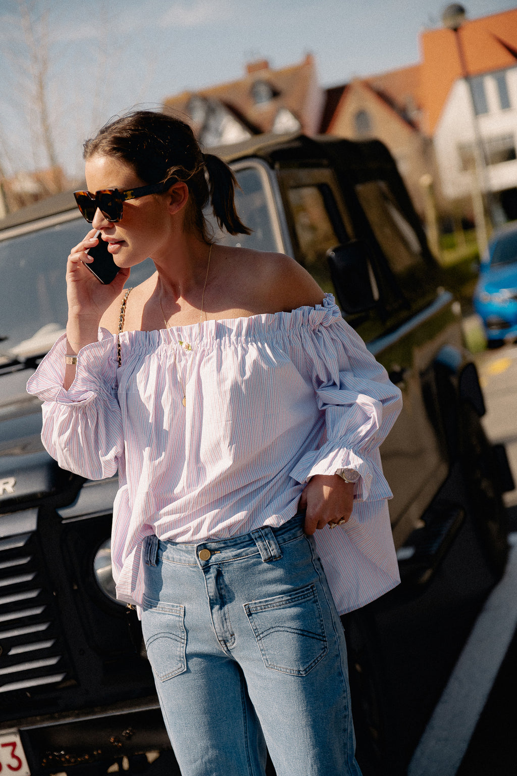 Isabeau off shoulder blouse roze/blauw