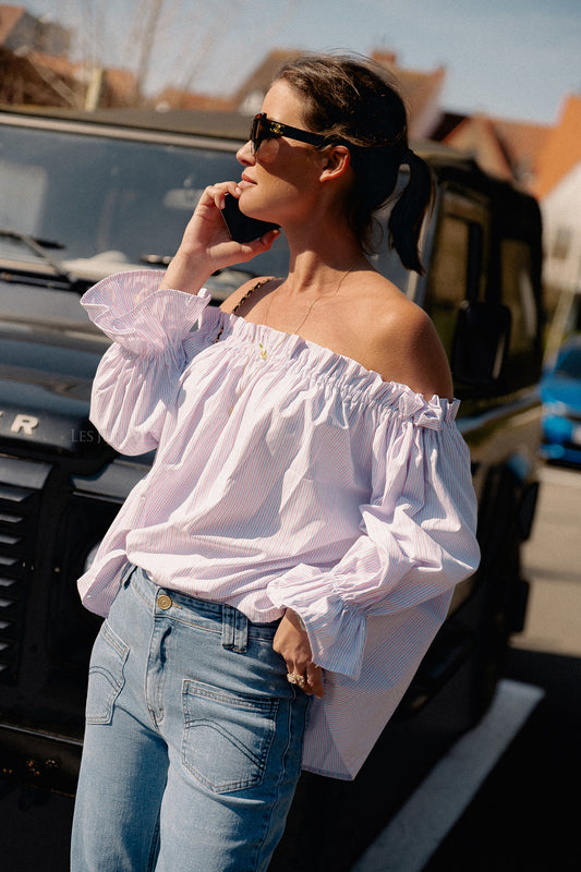 Les Jumelles Isabeau off shoulder blouse roze/blauw