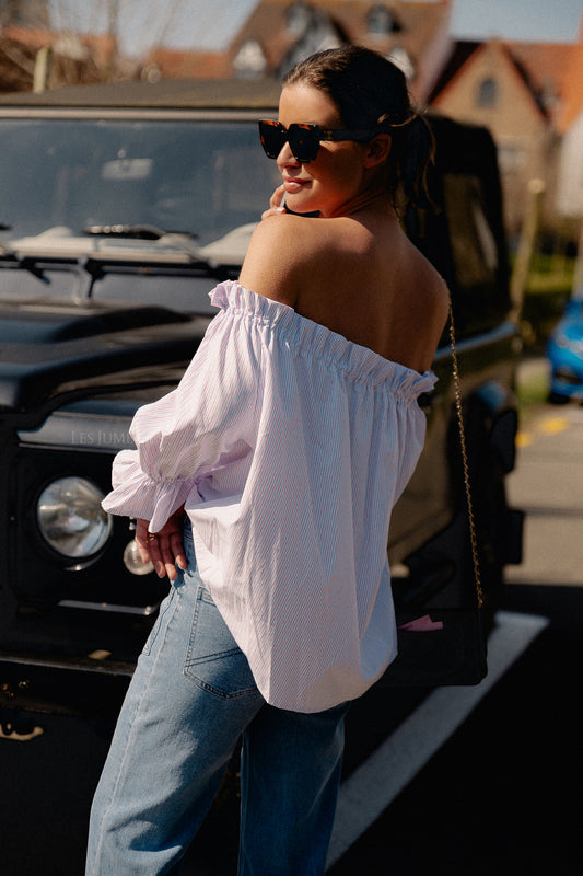 Les Jumelles Isabeau off shoulder blouse roze/blauw