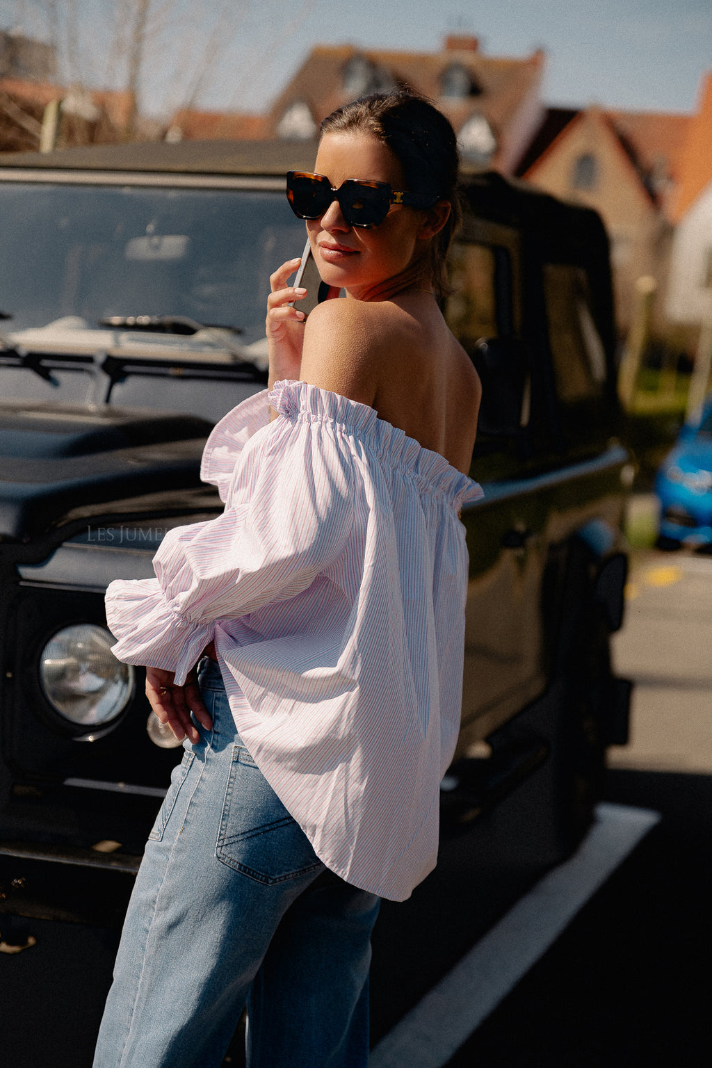 Isabeau off shoulder blouse roze/blauw