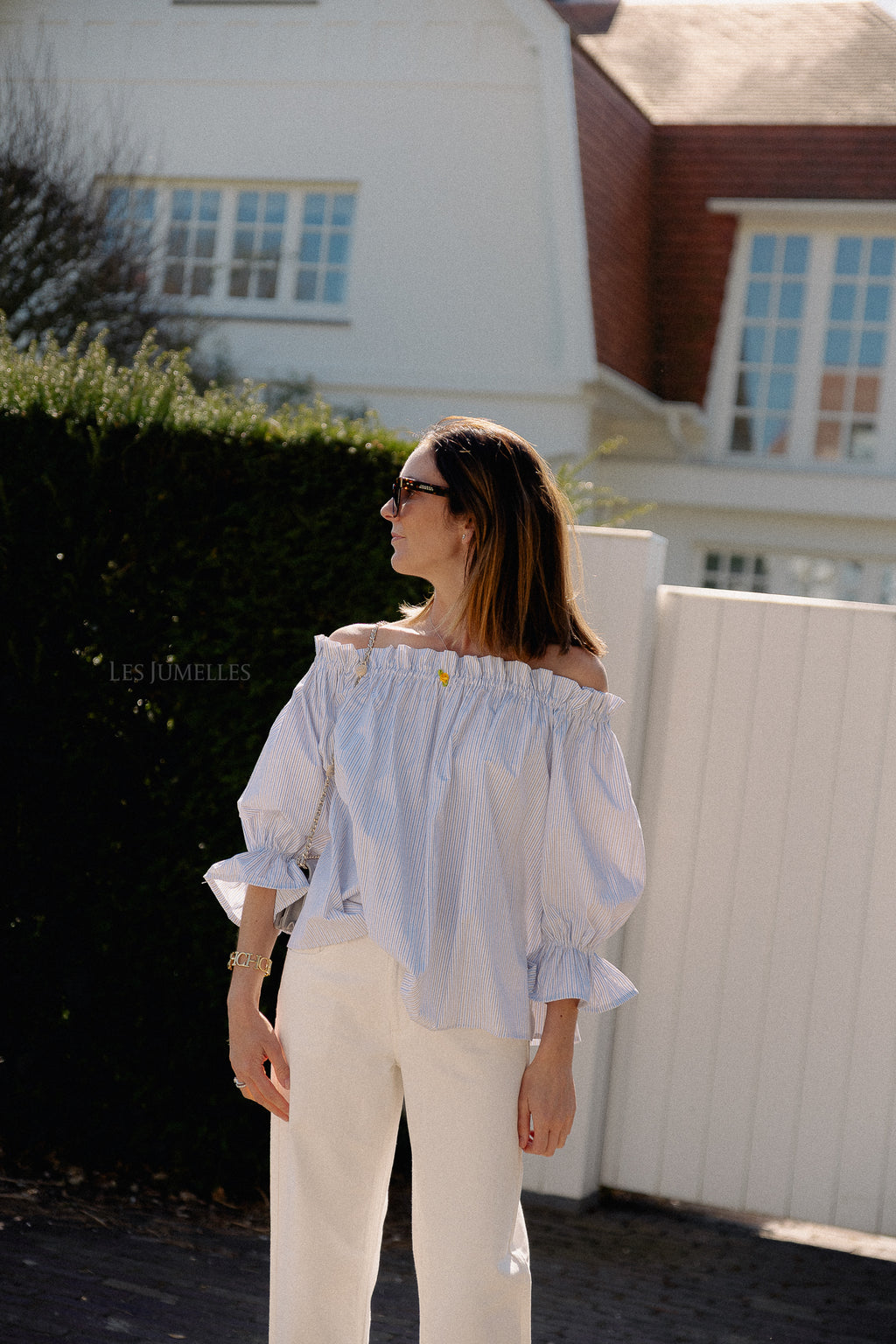 Isabeau off shoulder blouse blue/taupe