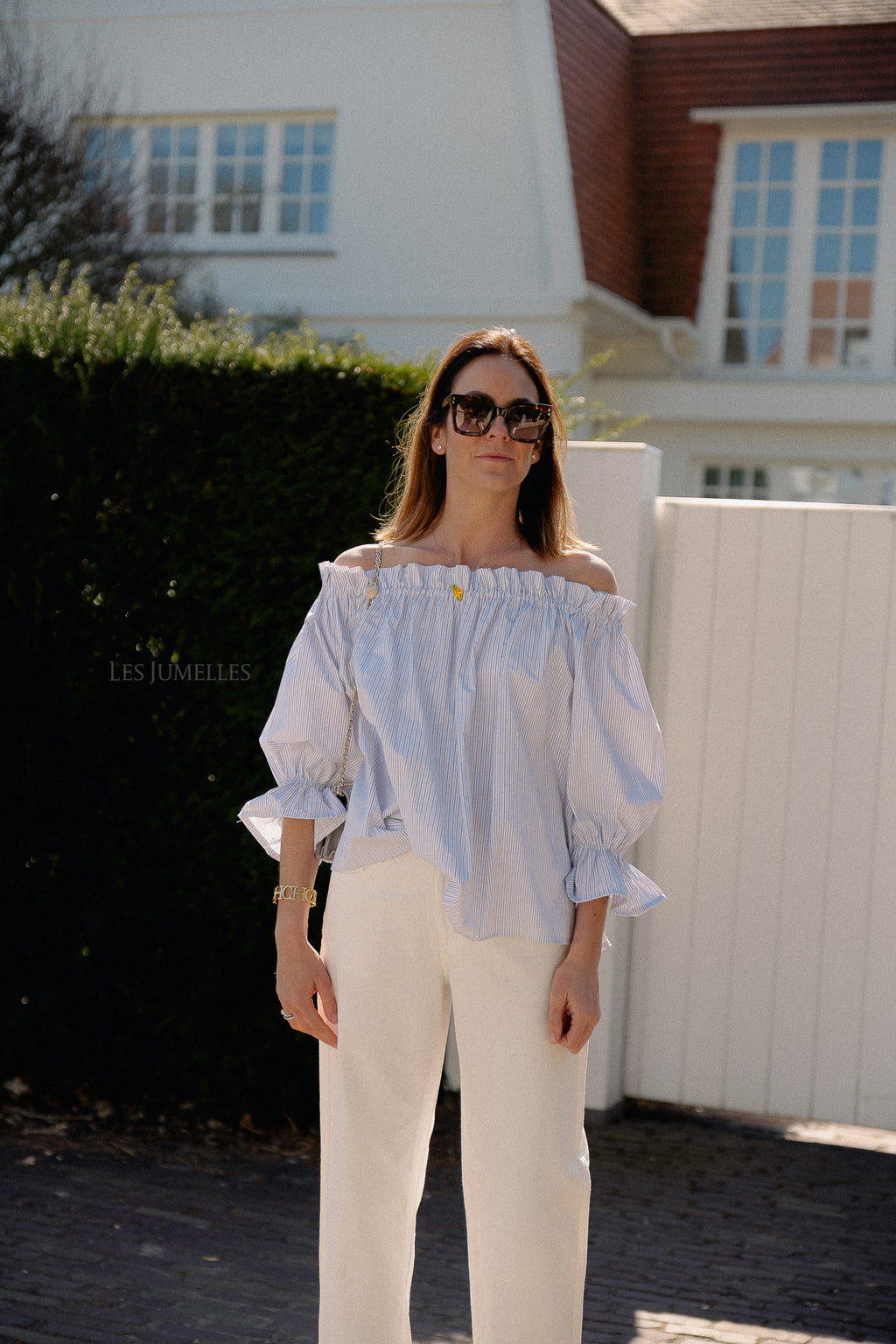 Isabeau off shoulder blouse blue/taupe