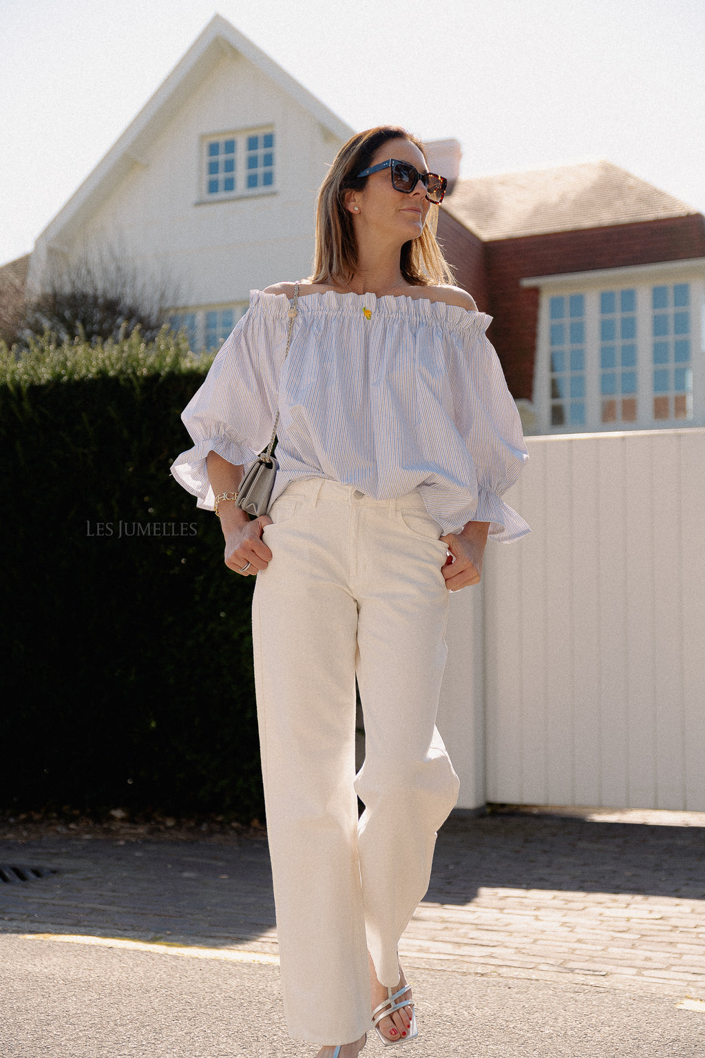 Isabeau off shoulder blouse blue/taupe