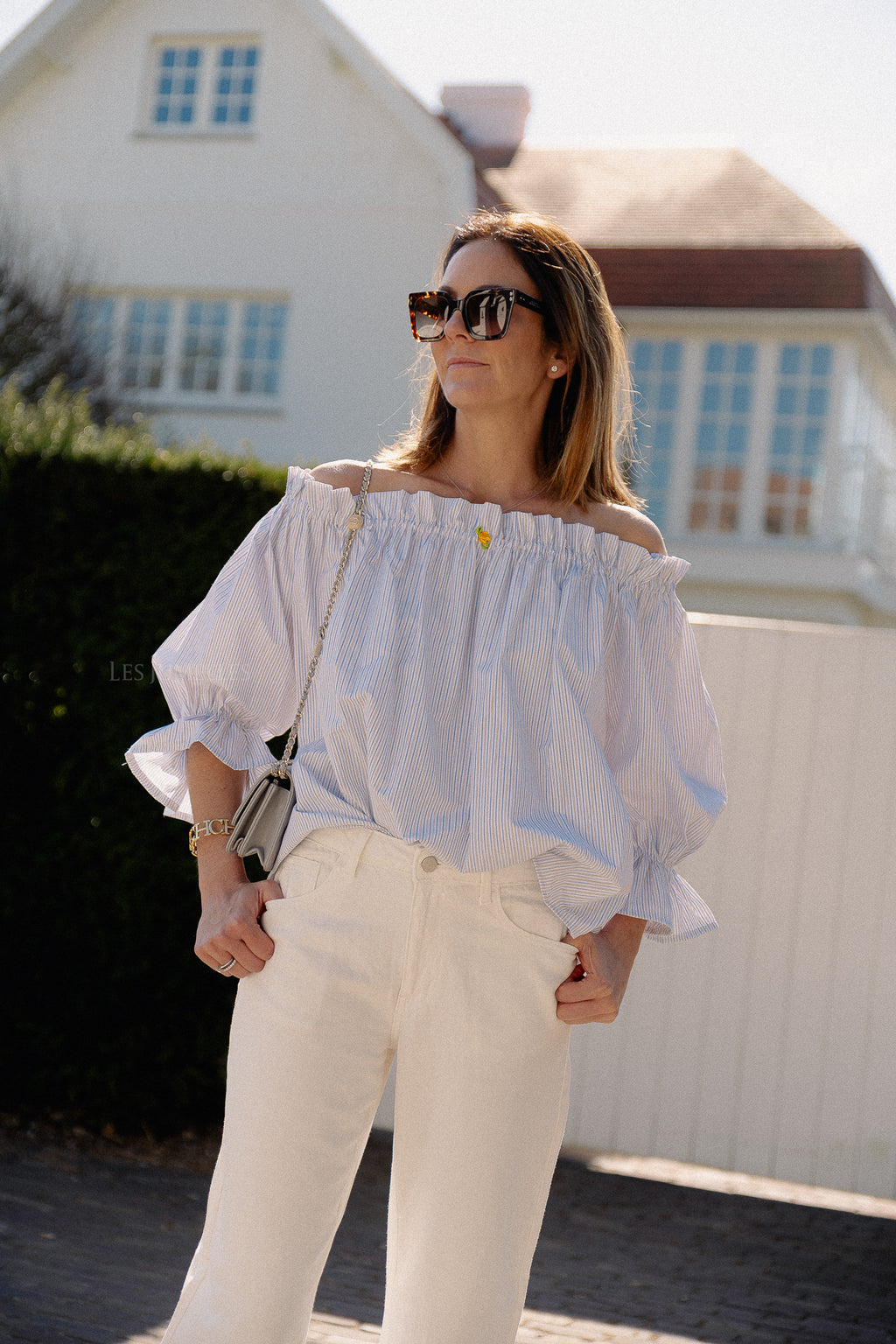 Isabeau off shoulder blouse blue/taupe
