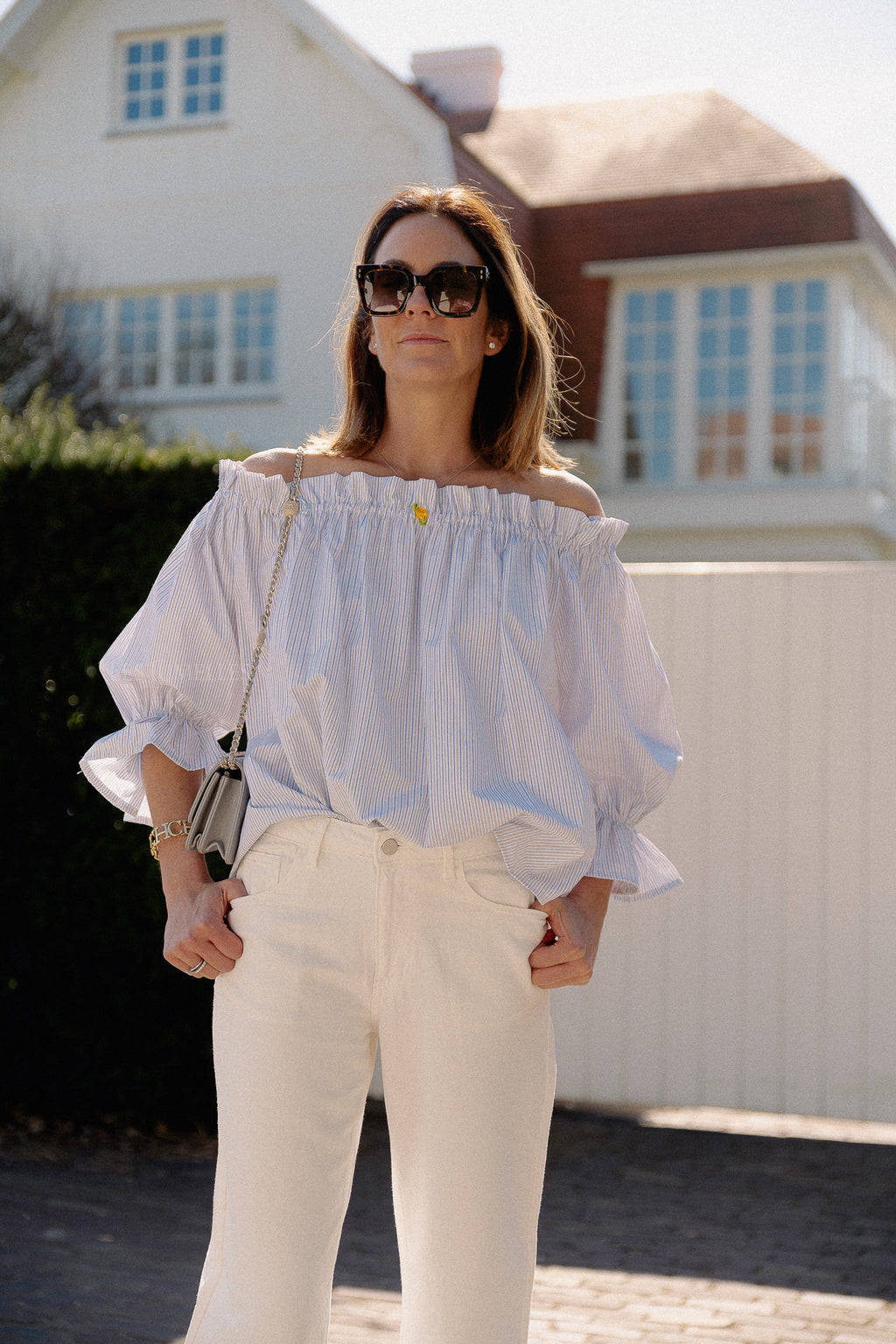 Isabeau off shoulder blouse blue/taupe