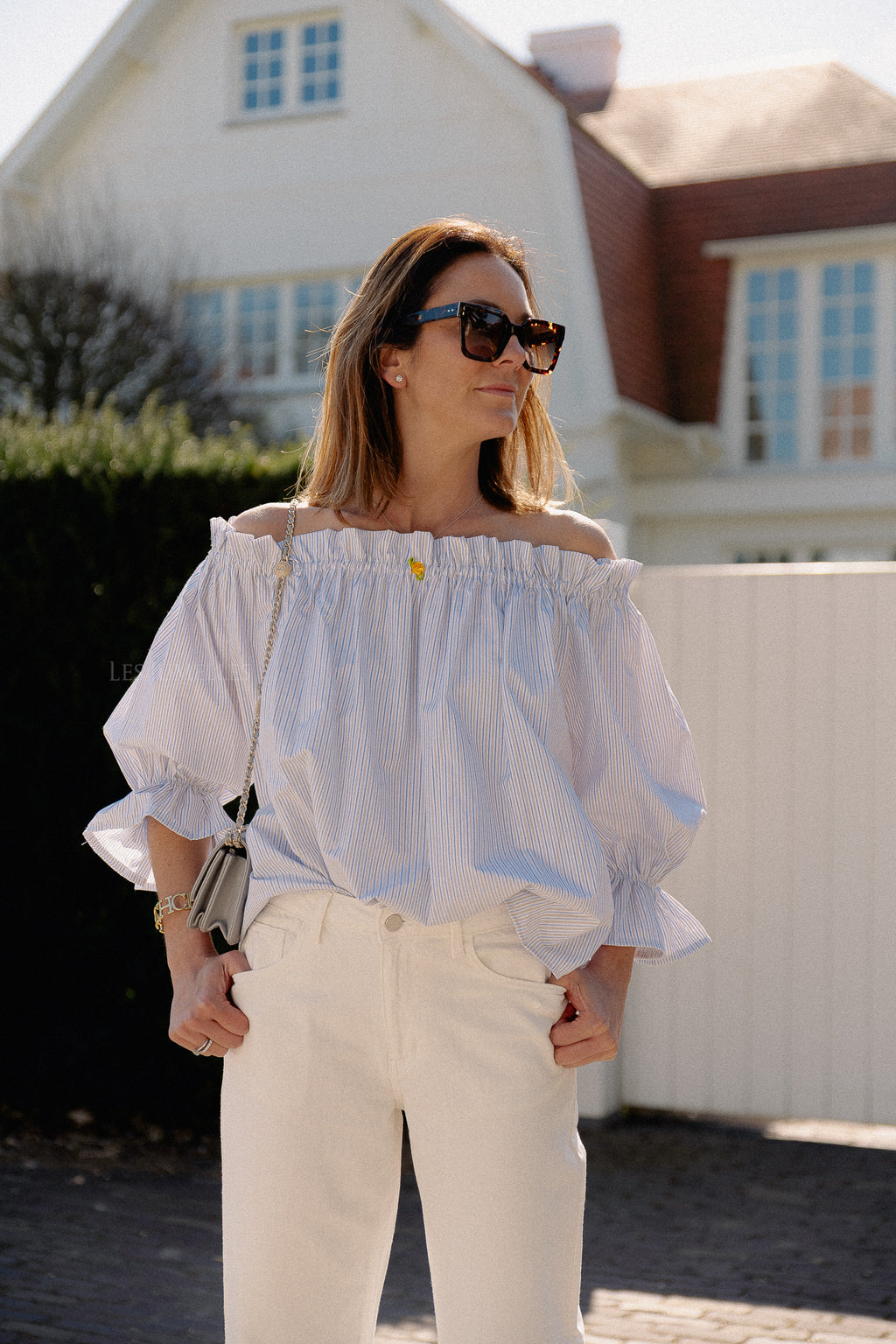 Isabeau off shoulder blouse blue/taupe