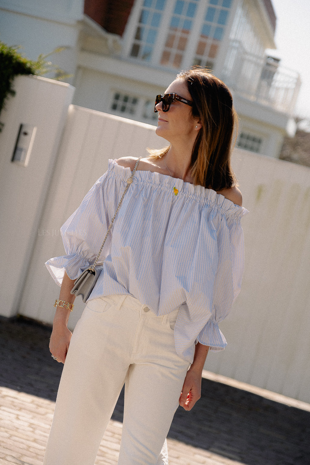 Isabeau off shoulder blouse blue/taupe
