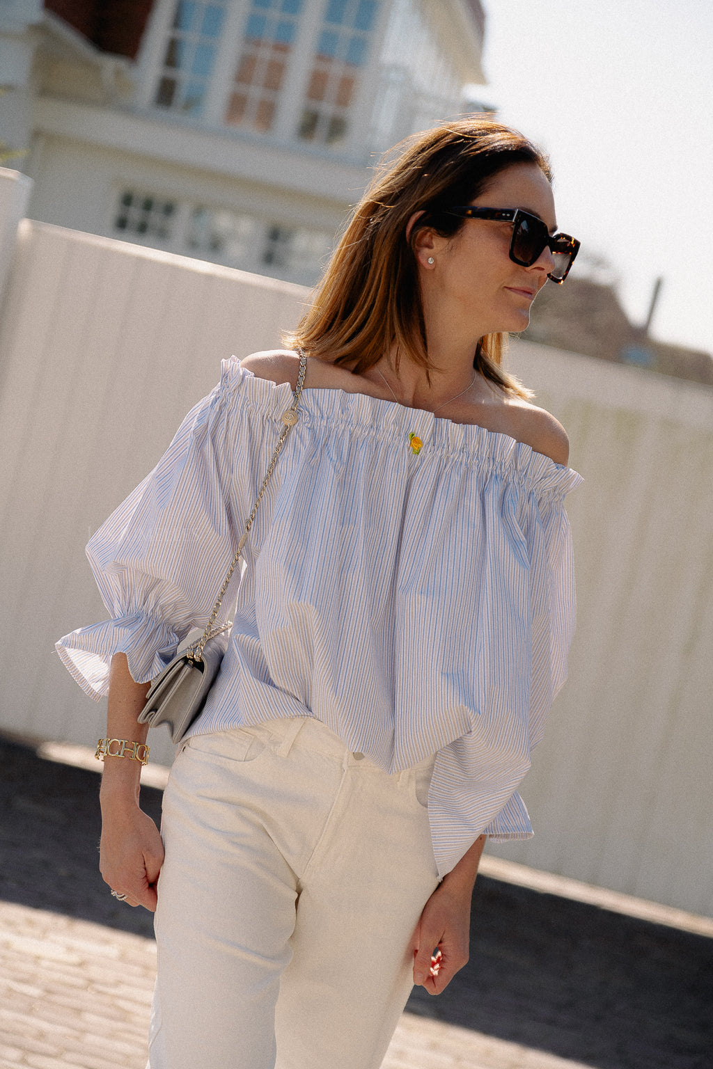 Isabeau off shoulder blouse blue/taupe