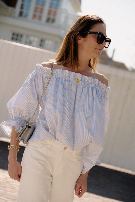 Les Jumelles Isabeau off shoulder blouse blauw/taupe