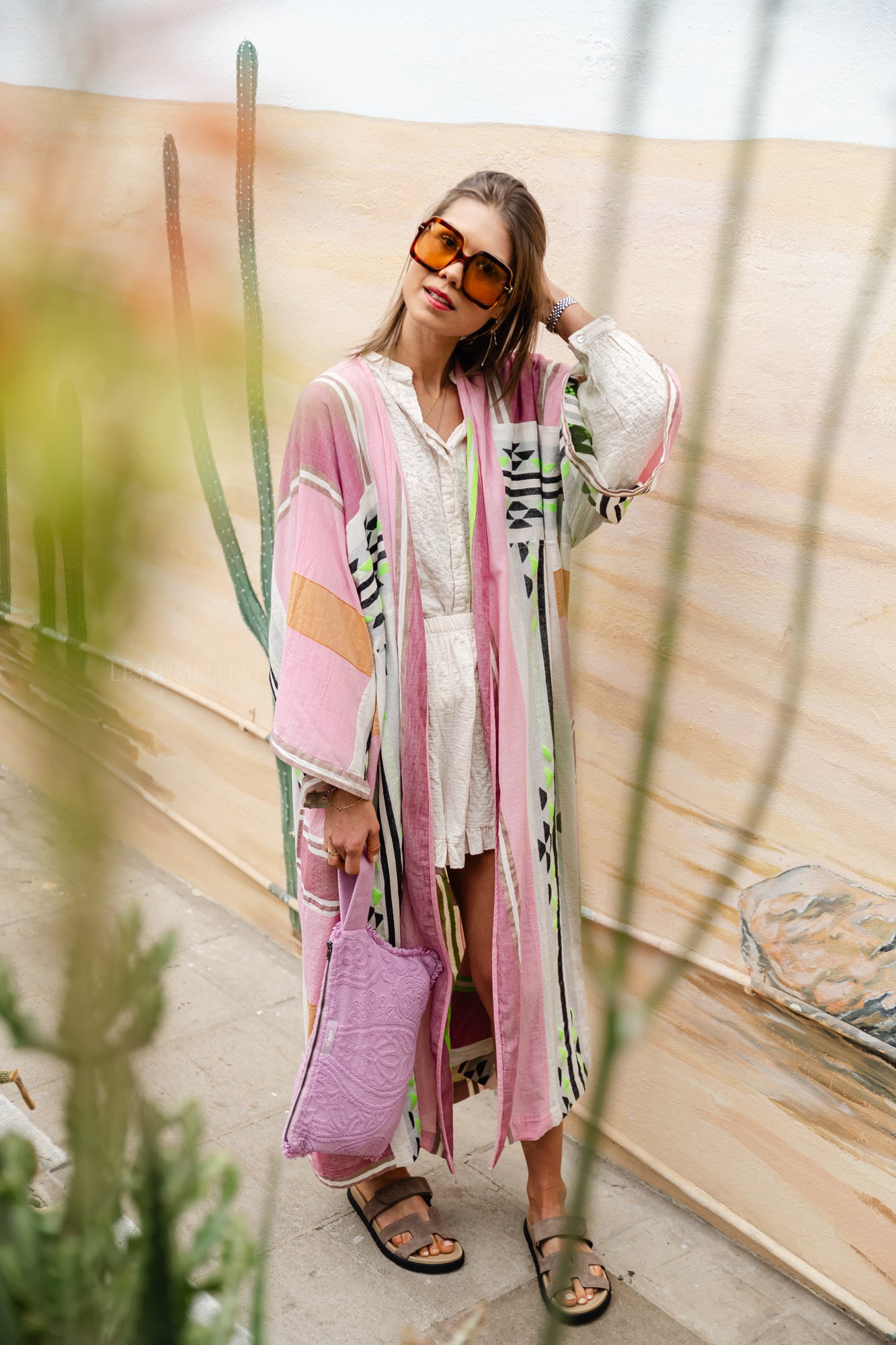 Giasemi cotton kimono dress pink/green