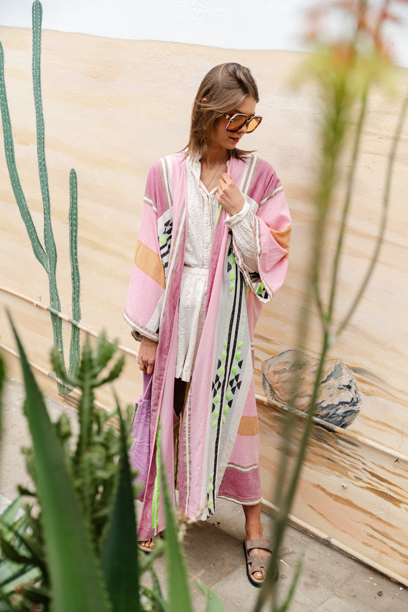 Giasemi cotton kimono dress pink/green
