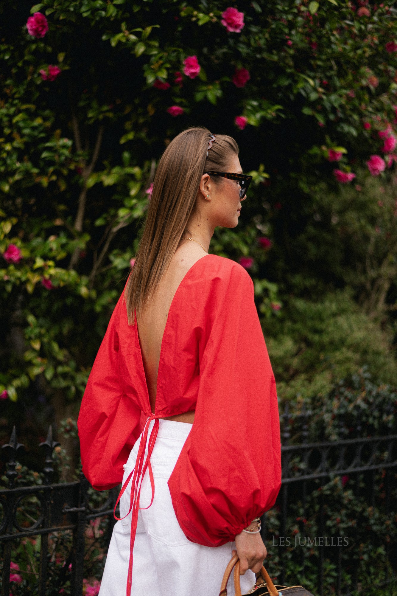 Mira open back blouse red