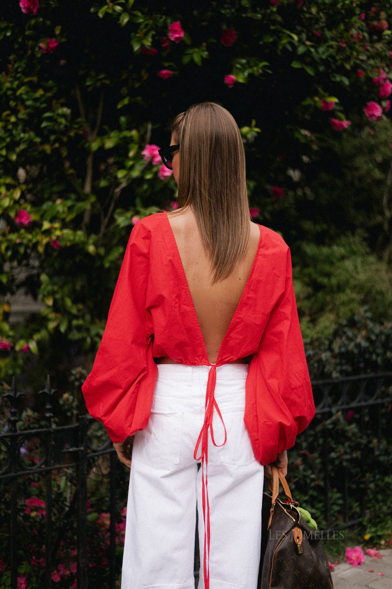 Mira open back blouse red