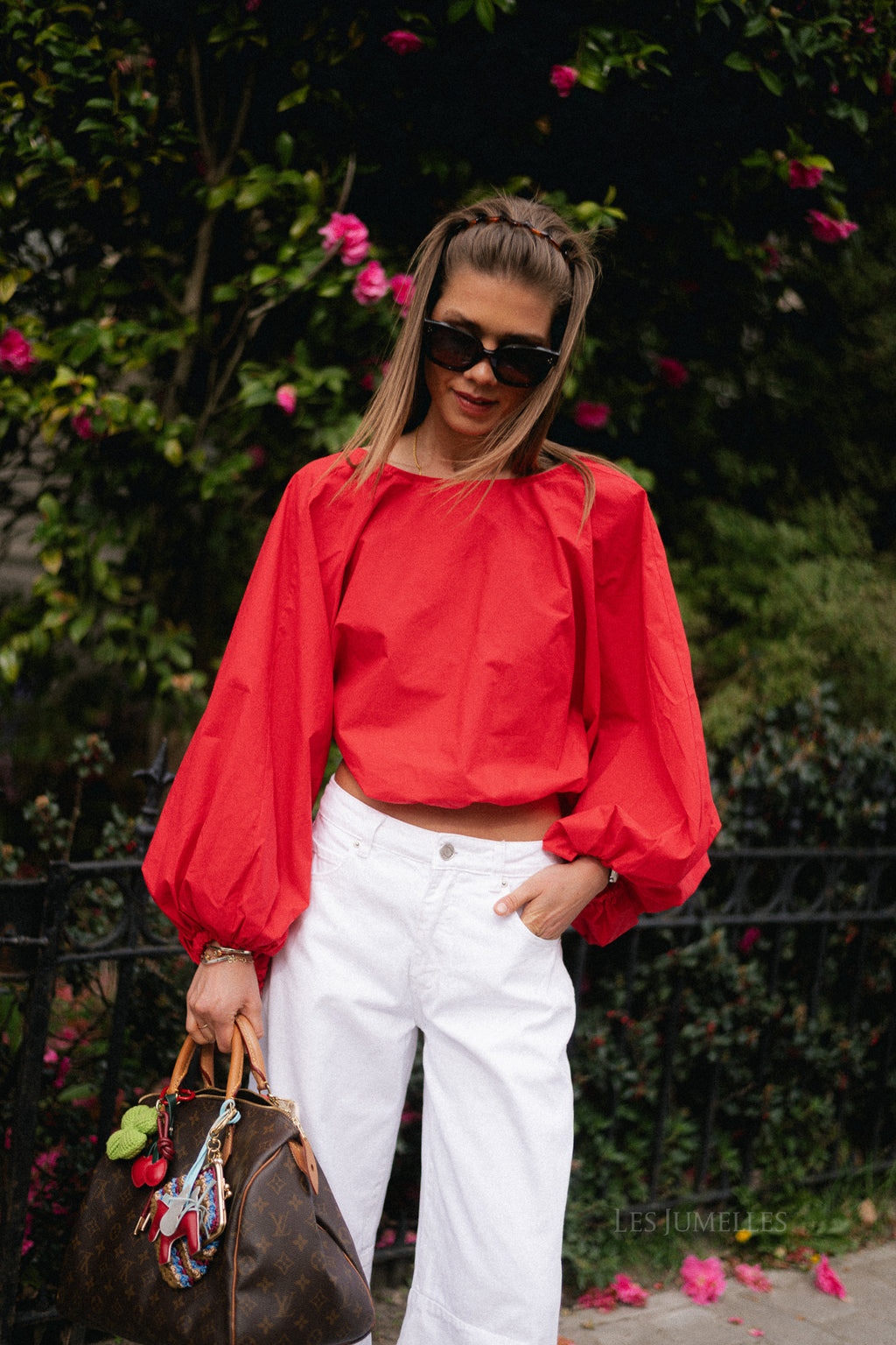 Mira open back blouse red