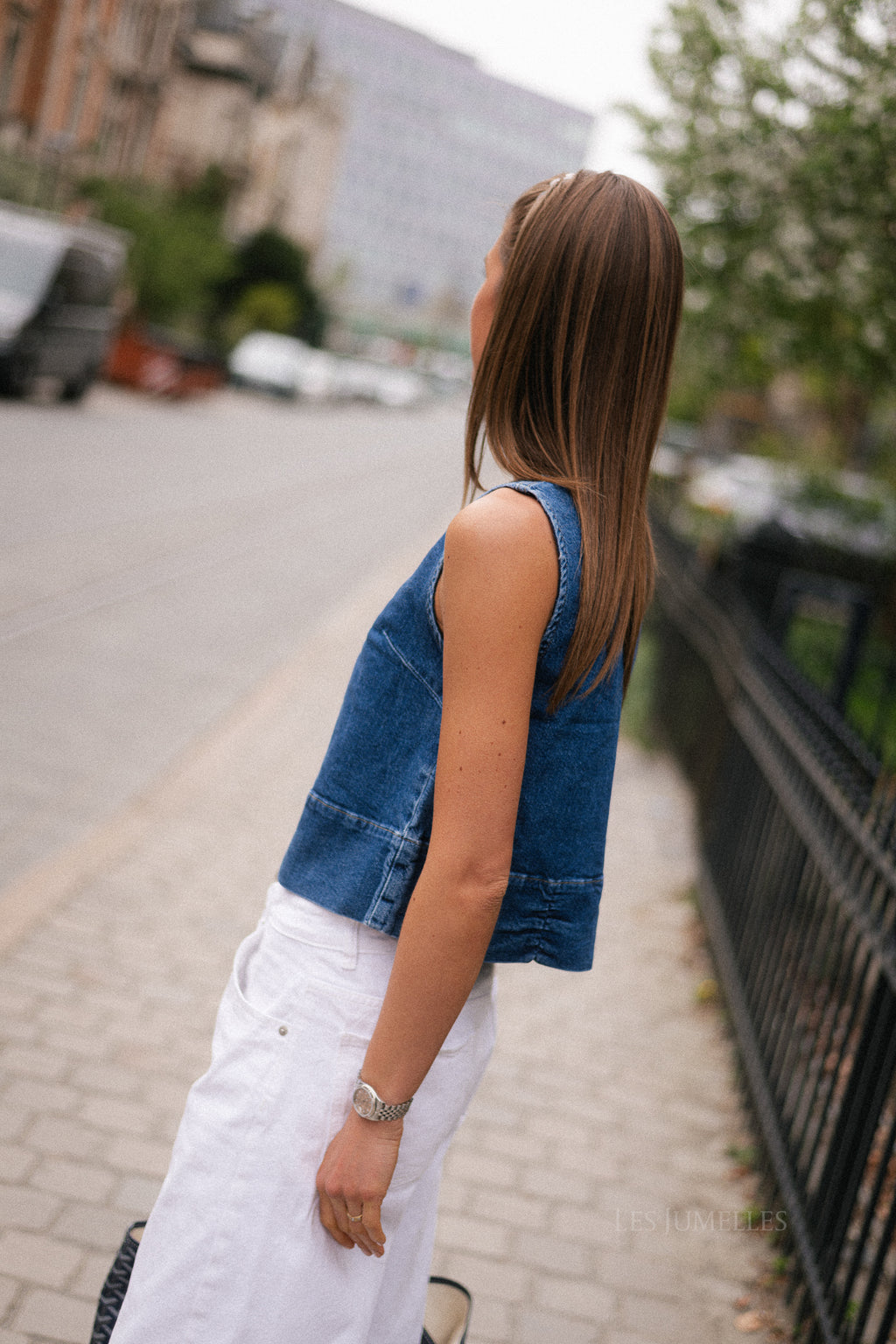 PCSilke SL denim top medium blue denim