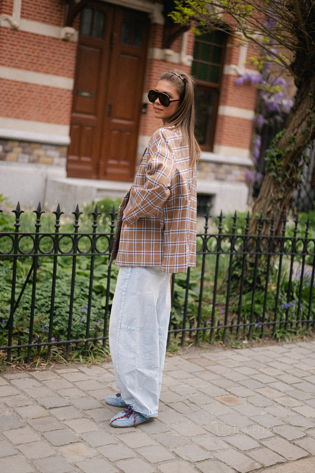 Chloe oversized signature check blazer caramel/light blue