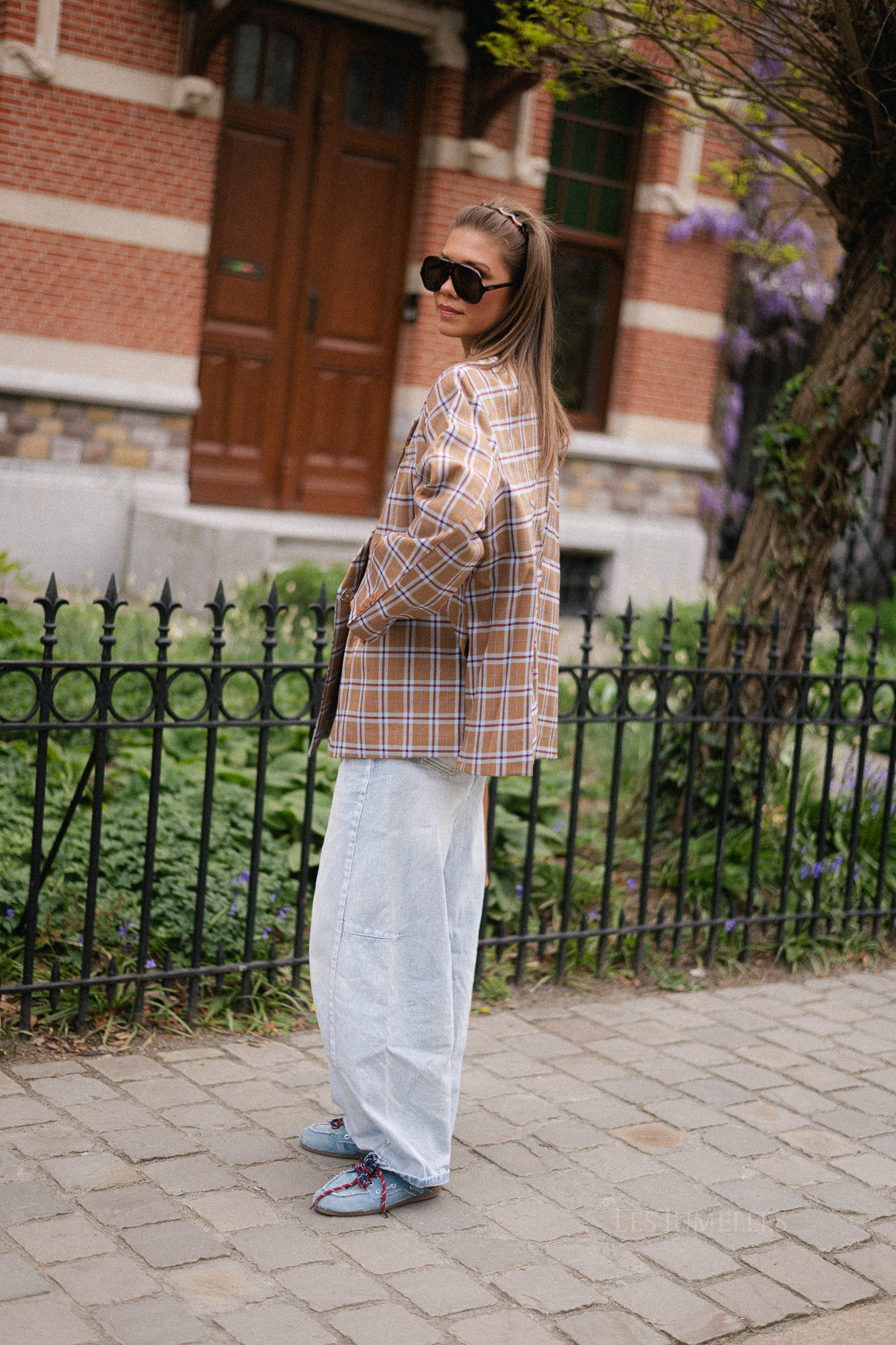 Chloe oversized signature check blazer caramel/light blue