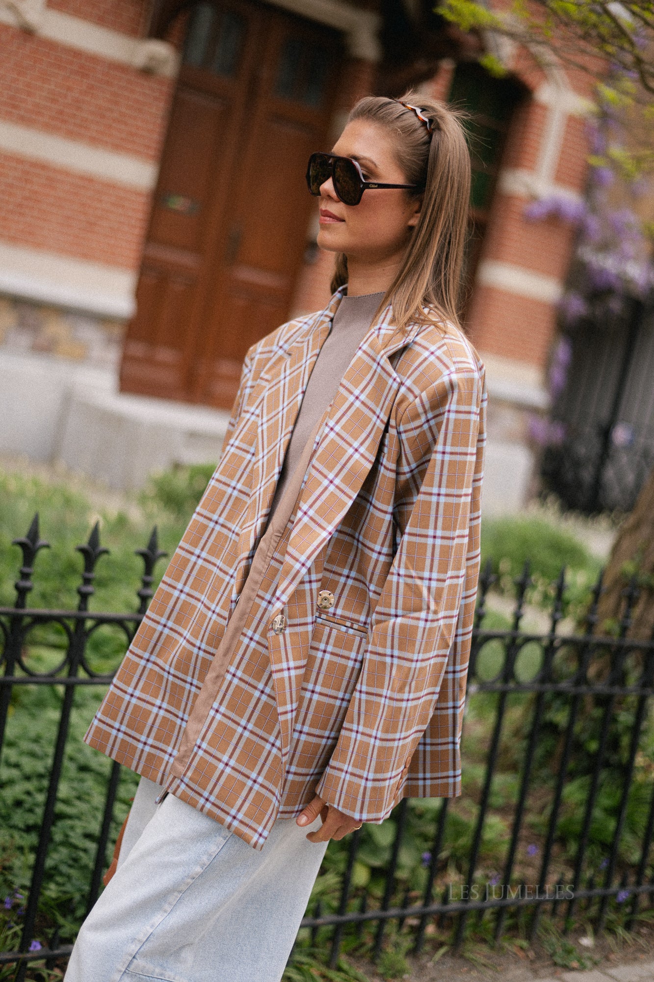 Chloe oversized signature check blazer caramel/light blue