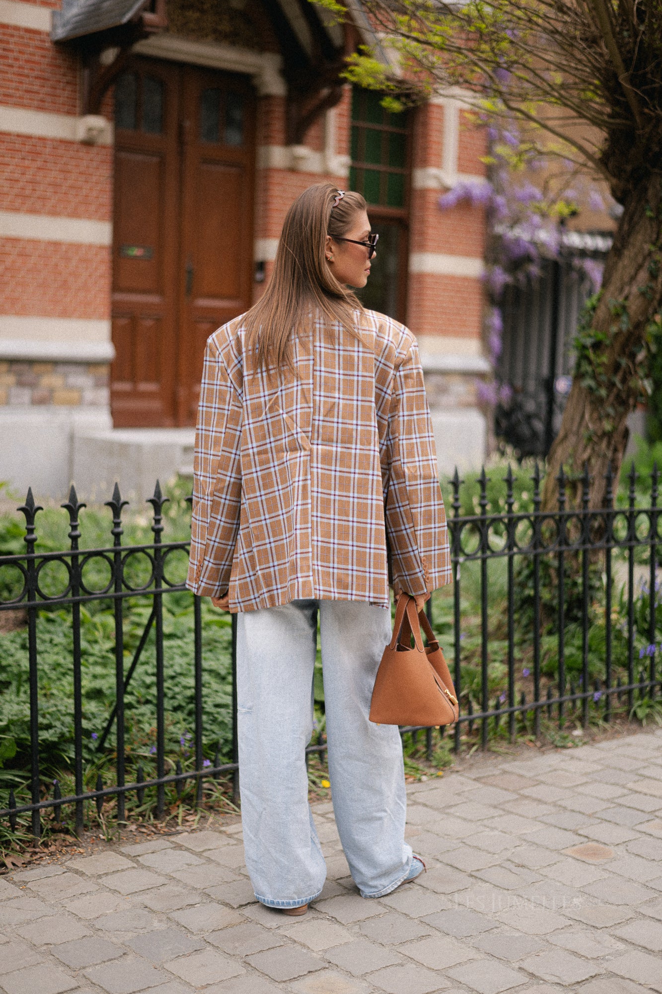 Chloe oversized signature check blazer caramel/light blue