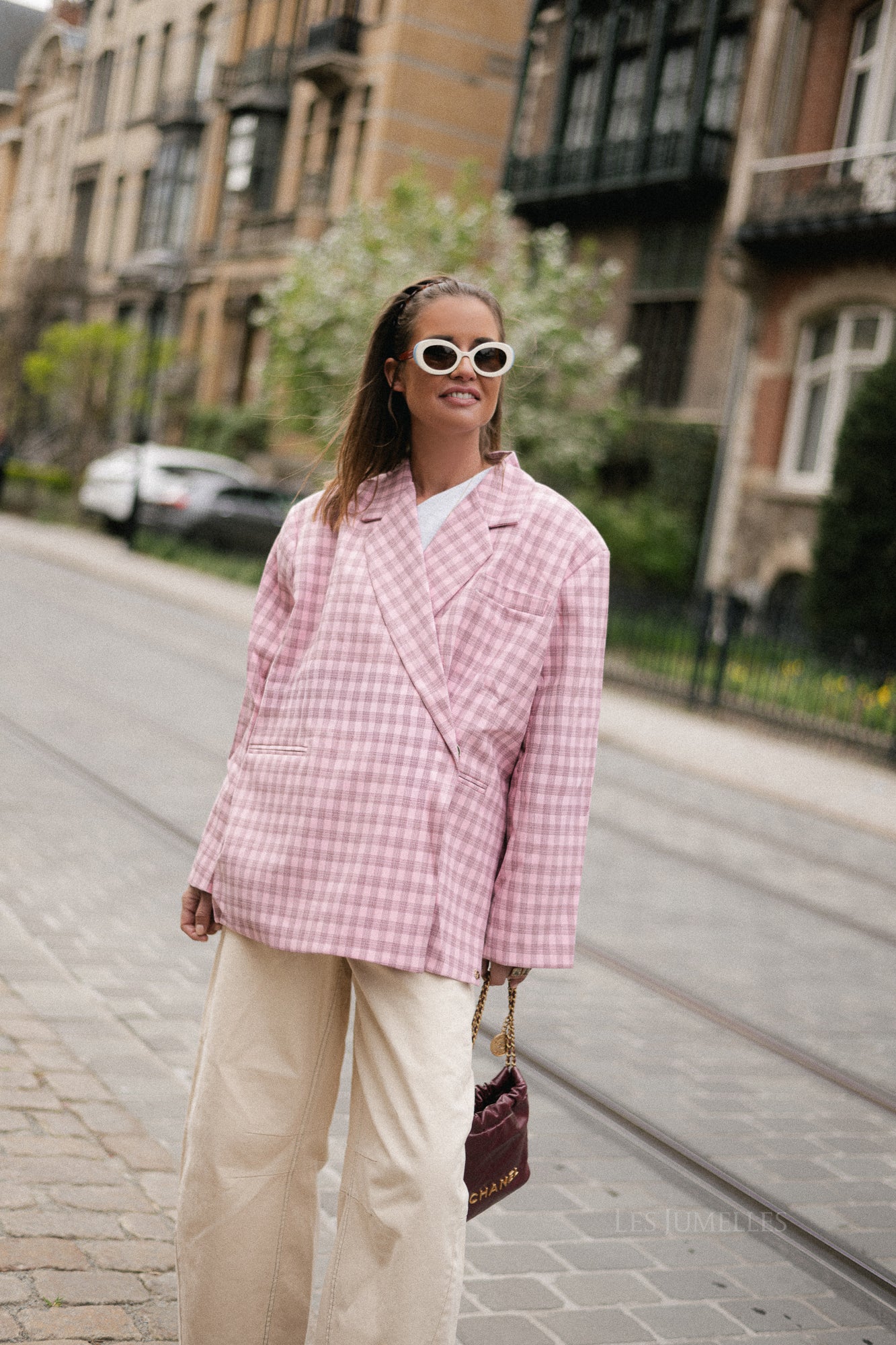 Chloe oversized signature check blazer pink/black