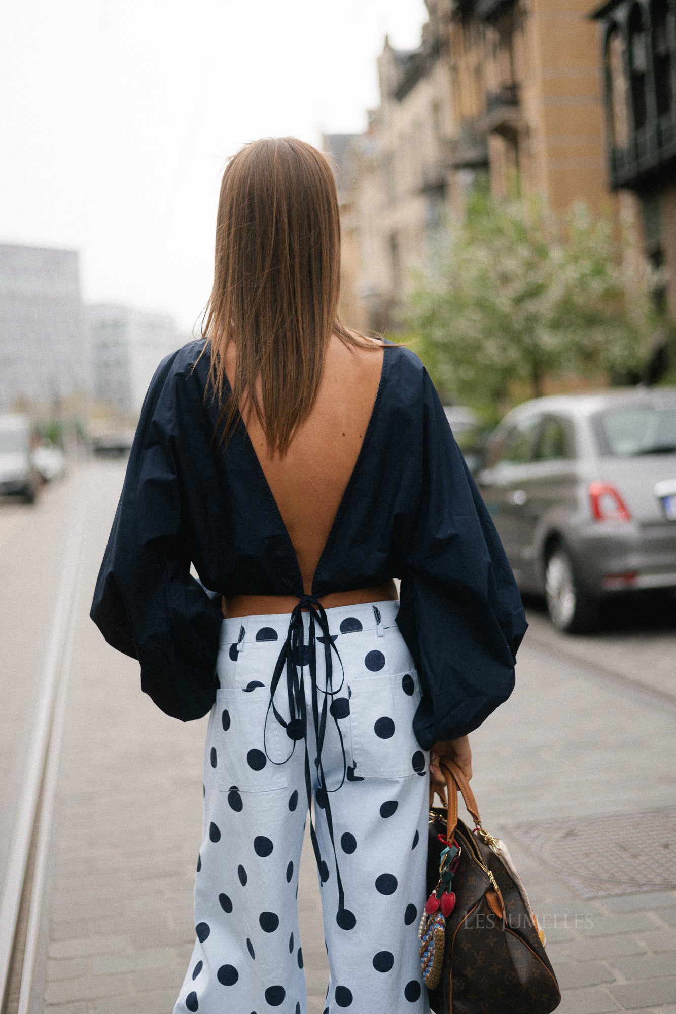 Mira open back blouse navy
