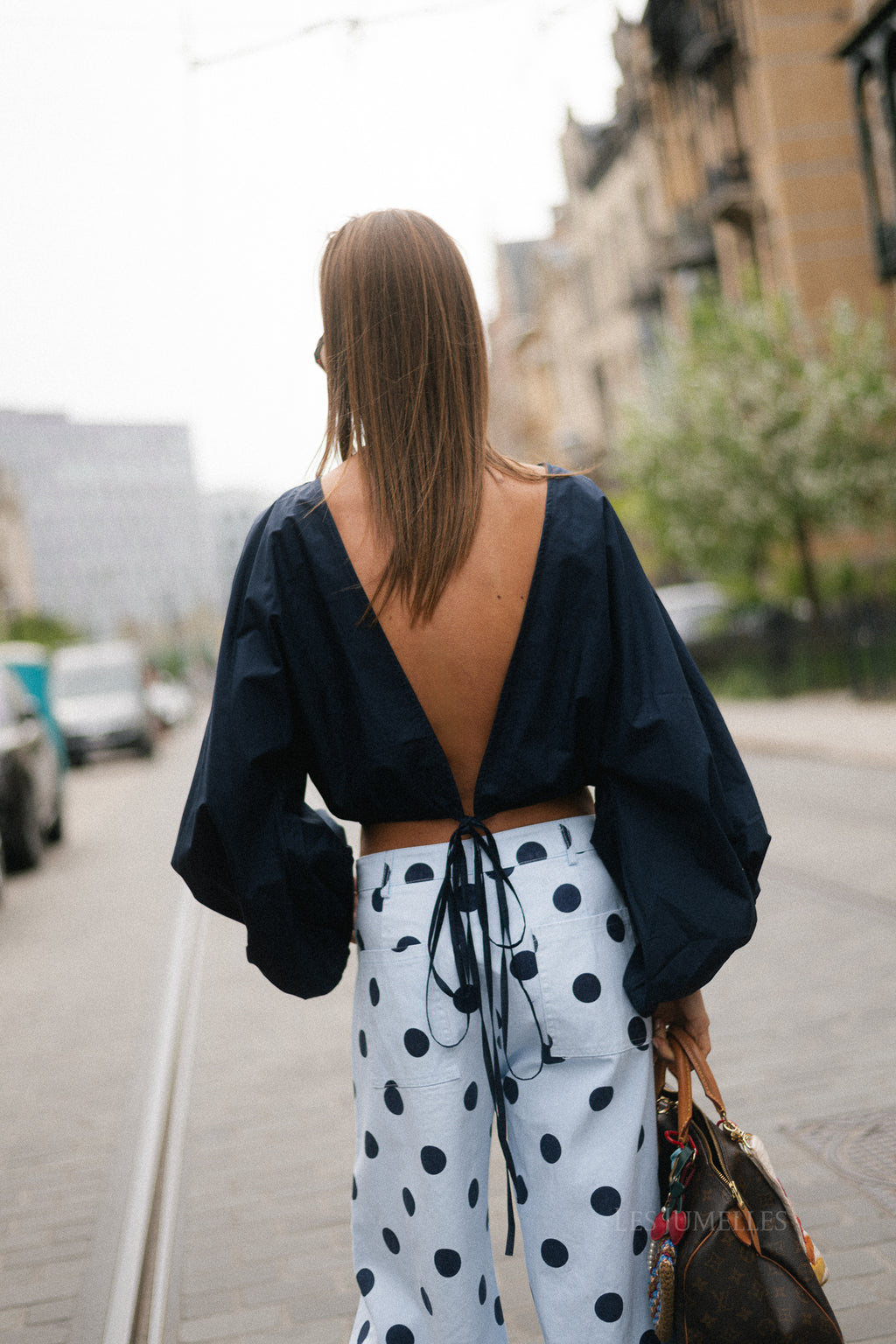 Mira open back blouse navy