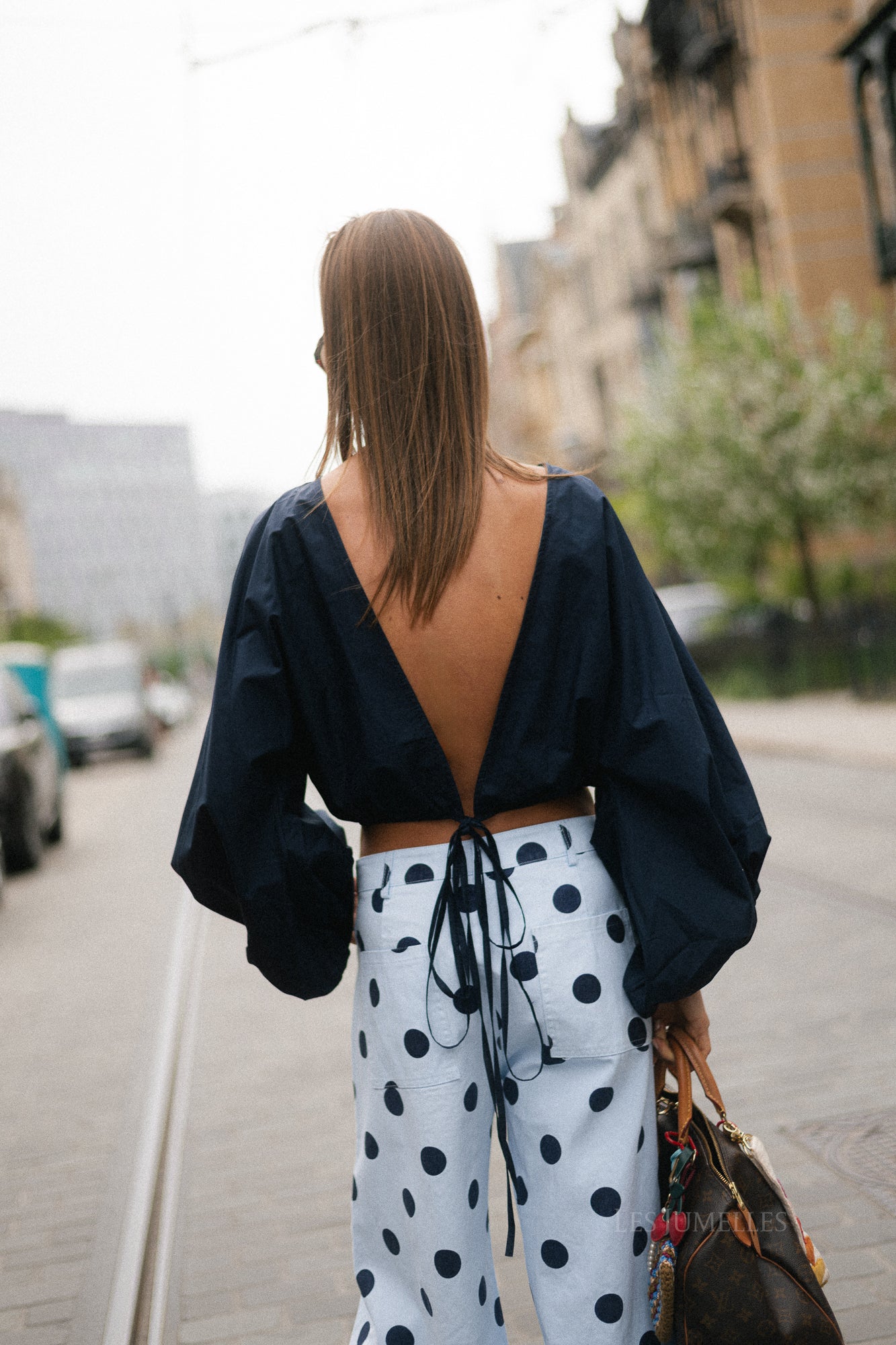 Mira open back blouse navy