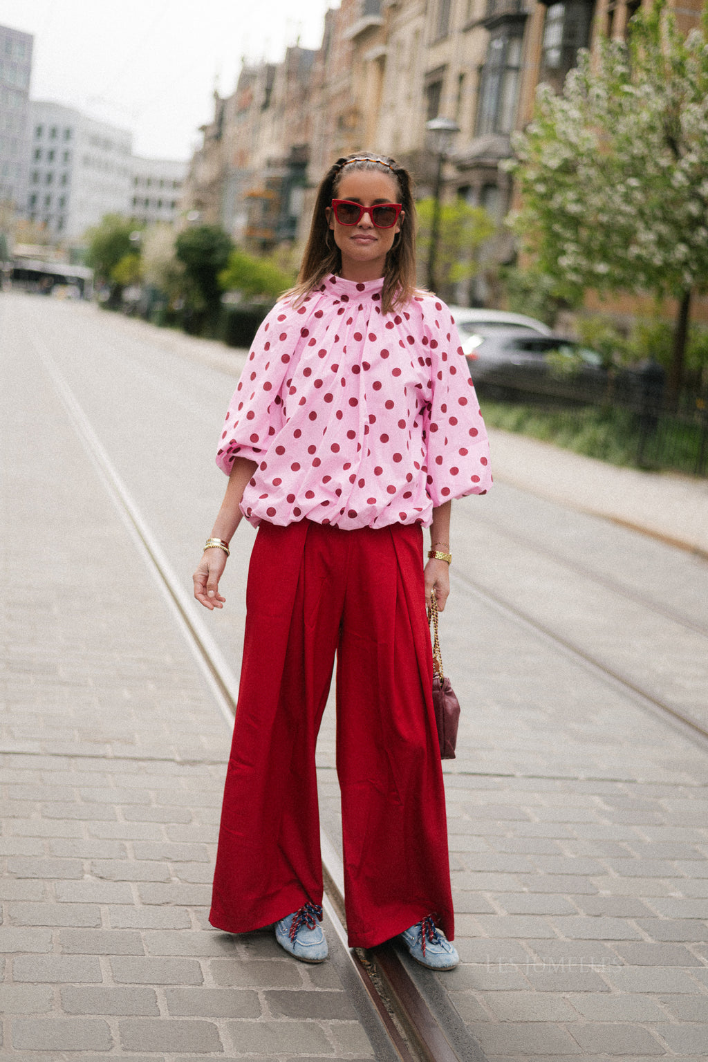 Valentina open back blouse pink polkadots