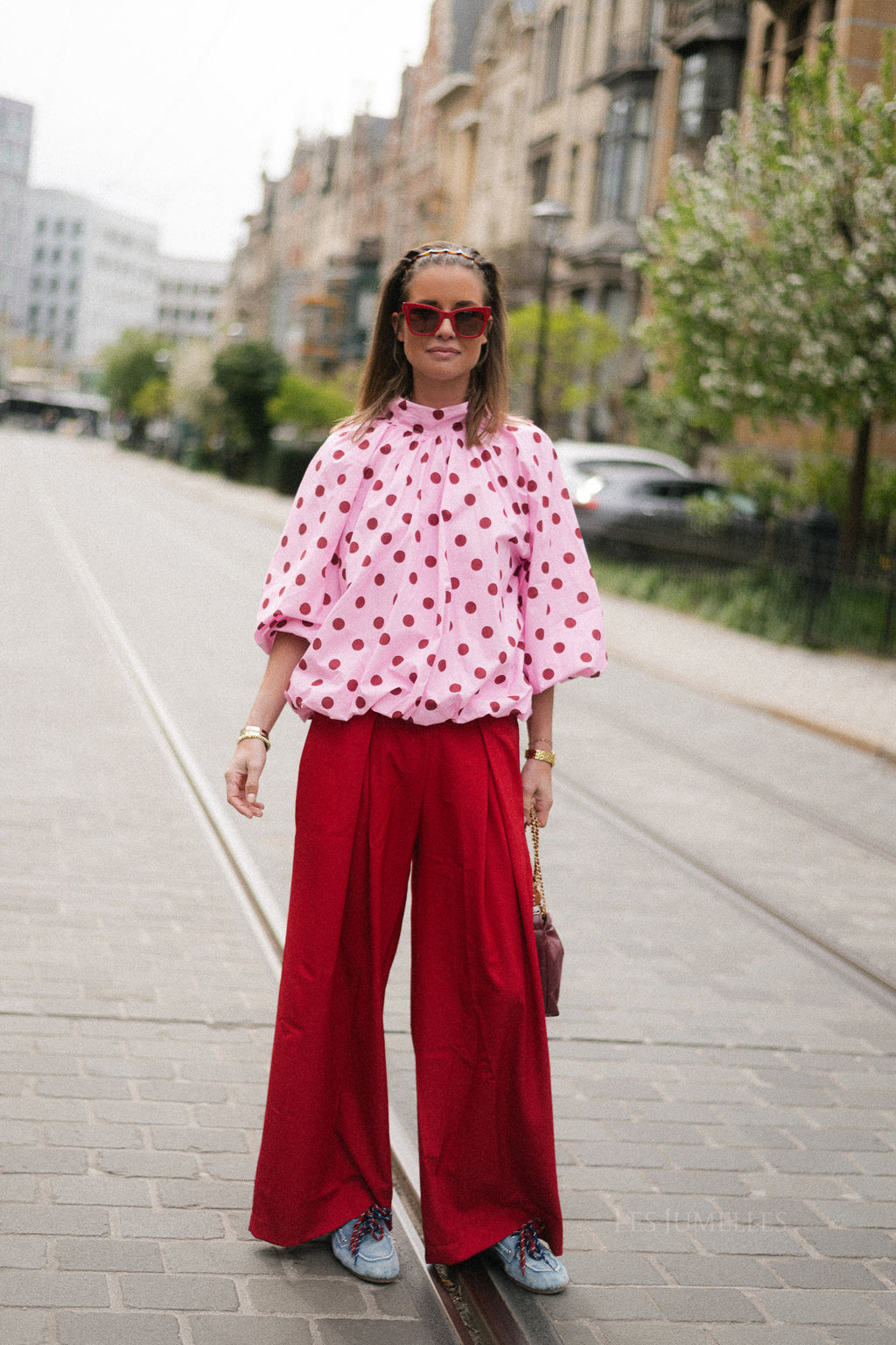 Valentina open back blouse pink polkadots