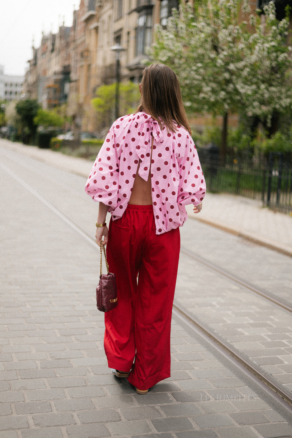 Valentina open back blouse pink polkadots