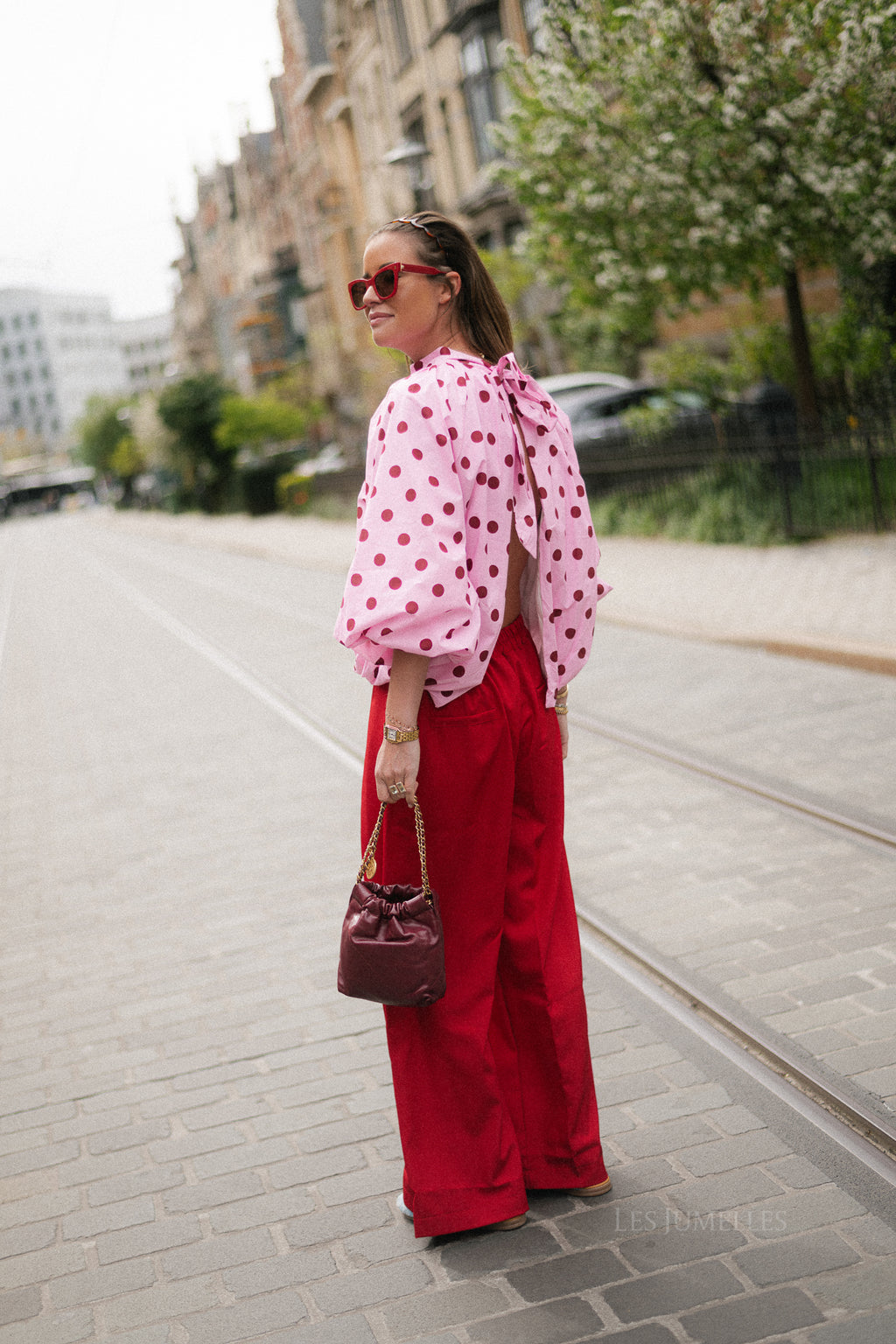 Valentina open back blouse pink polkadots