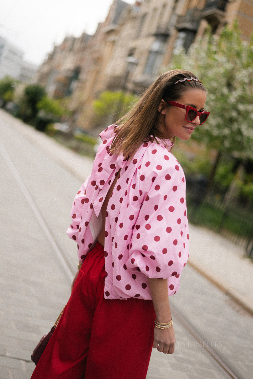 Valentina open back blouse pink polkadots