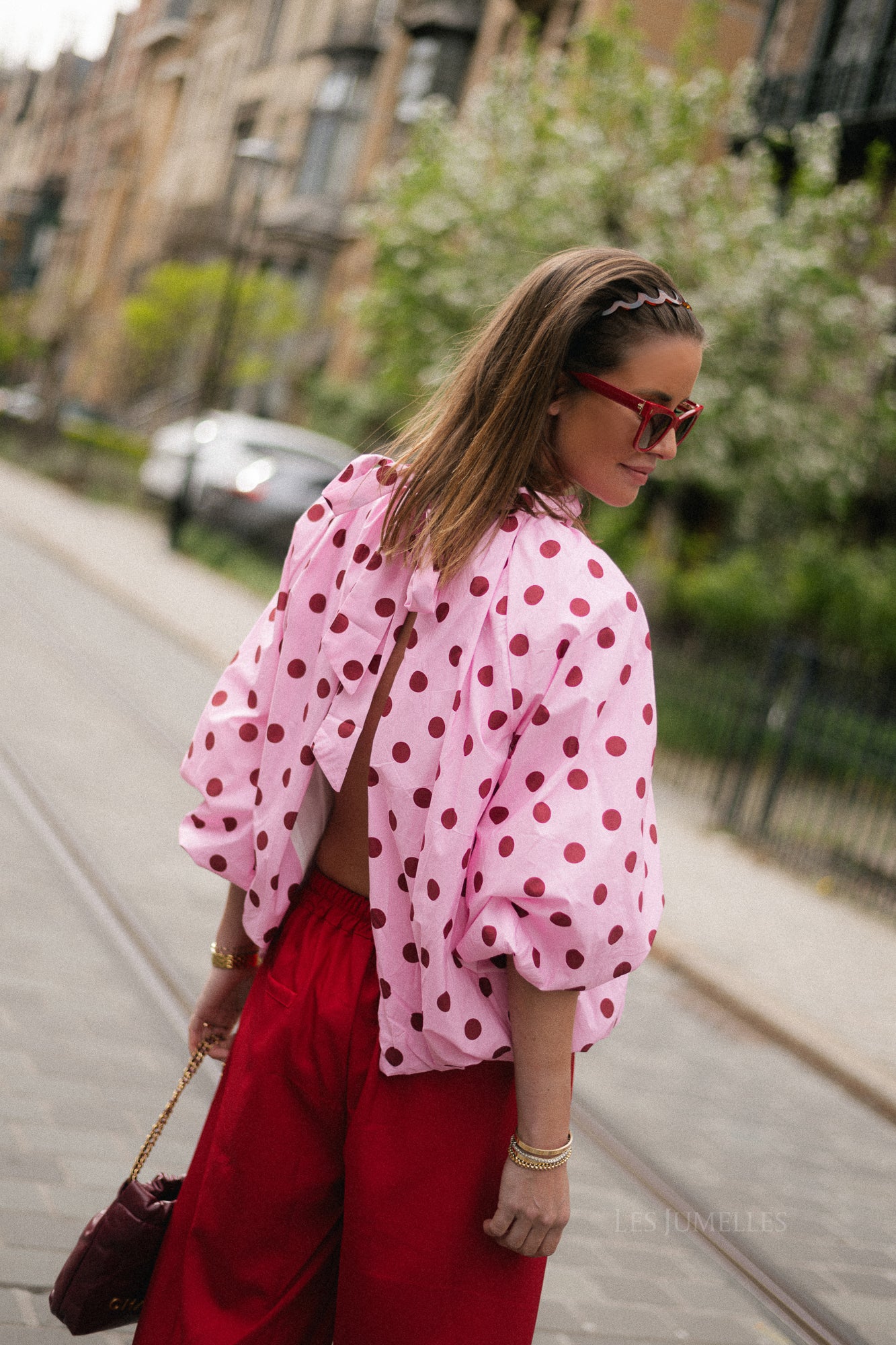 Valentina open back blouse pink polkadots