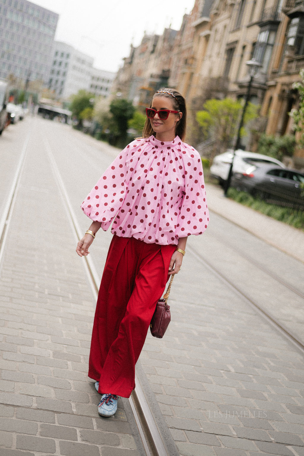 Valentina open back blouse pink polkadots