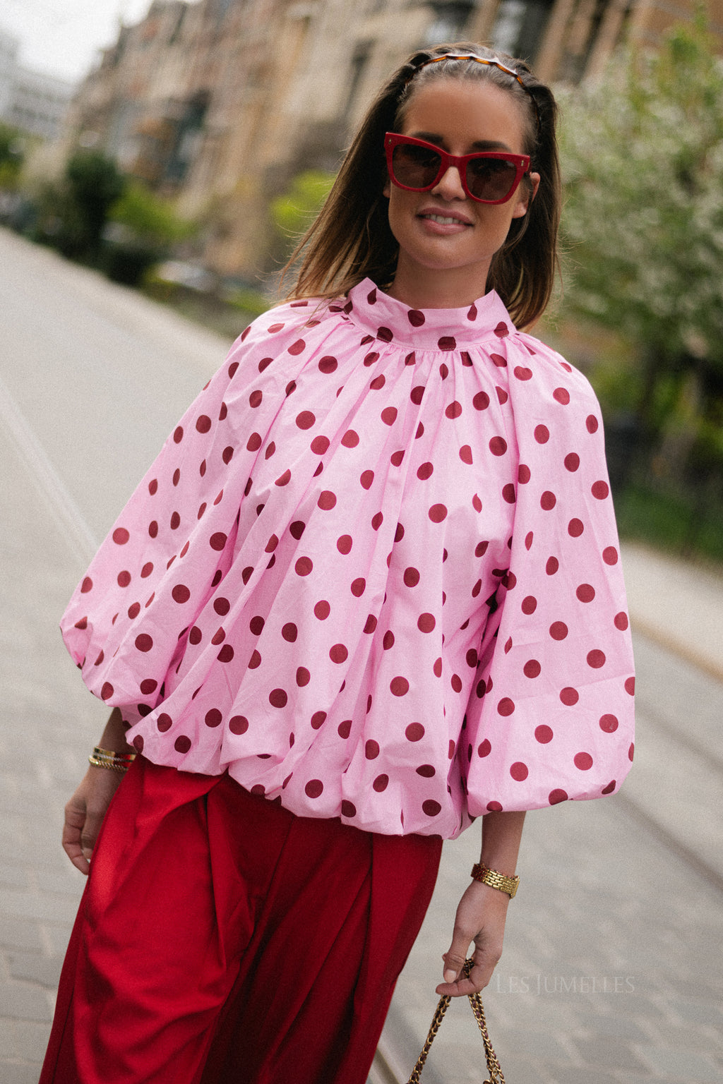 Valentina open back blouse pink polkadots