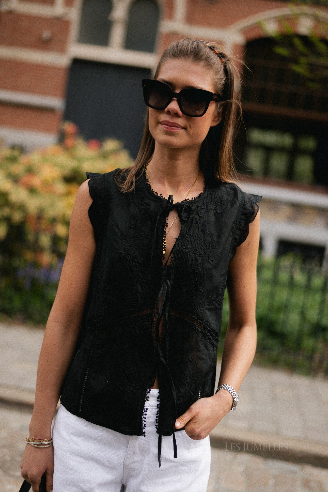 ROUIvy S/L tie neck top meteorite