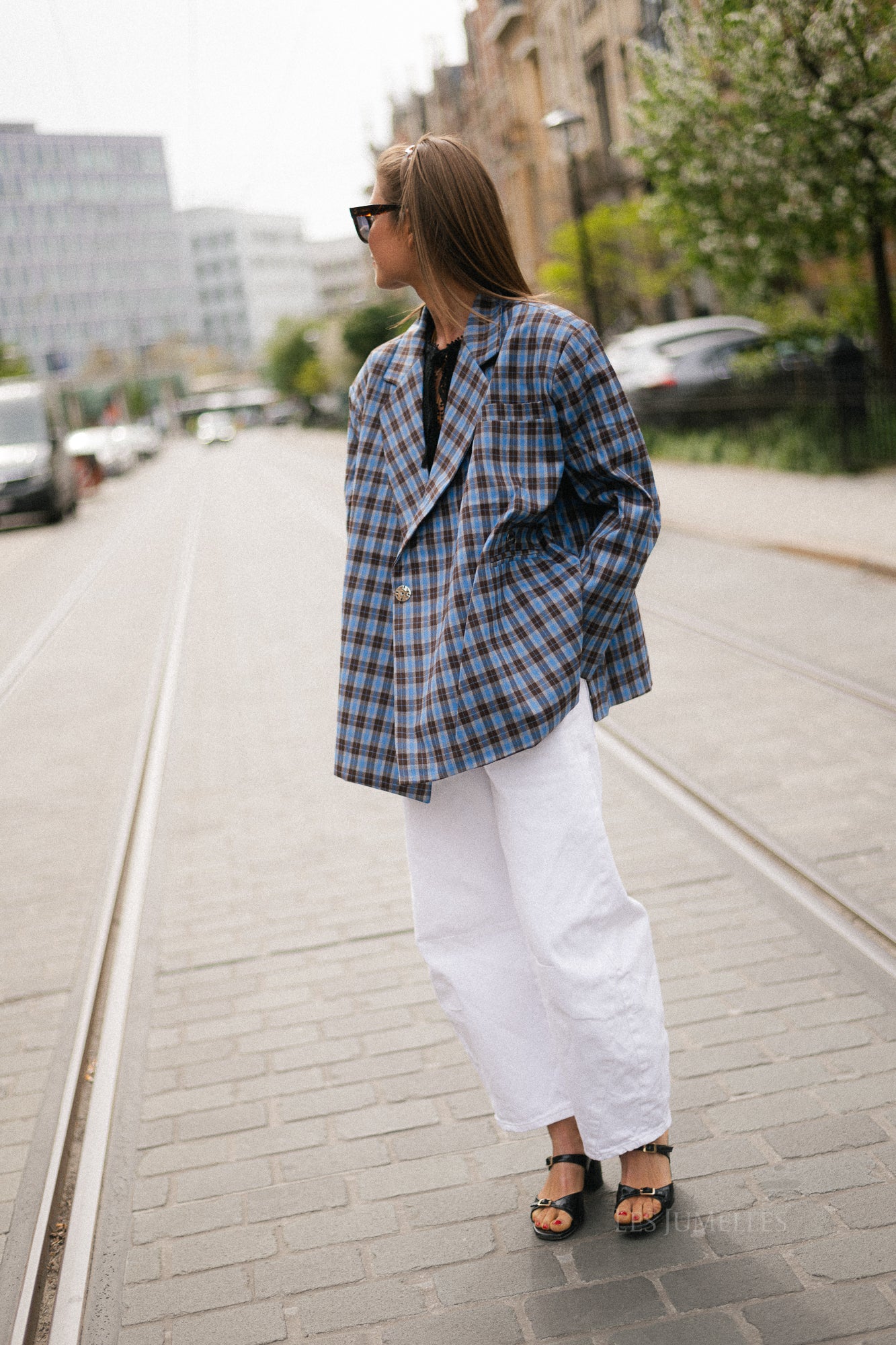 Chloe oversized signature check blazer - electric blue/hot chocolate