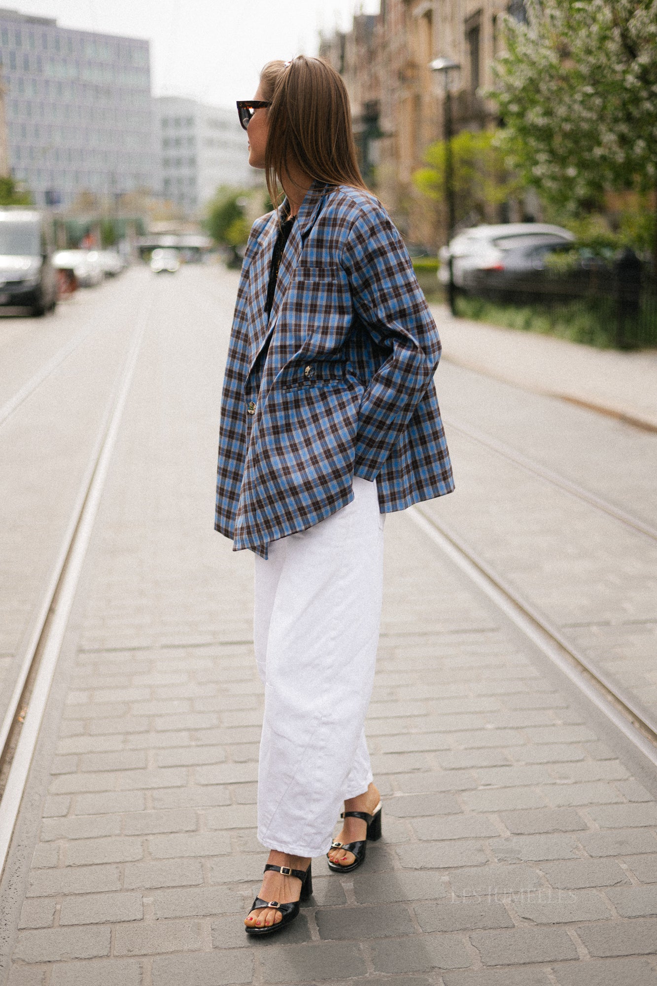 Chloe oversized signature check blazer - electric blue/hot chocolate