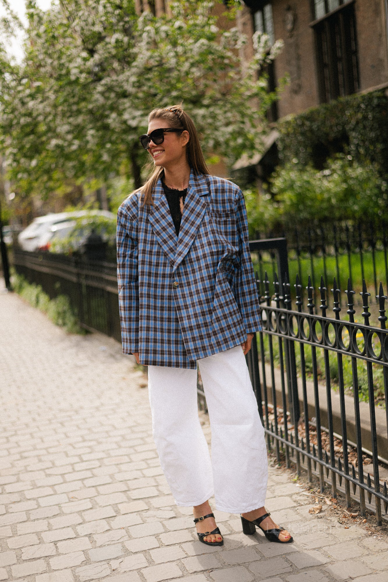 Chloe oversized signature check blazer - electric blue/hot chocolate