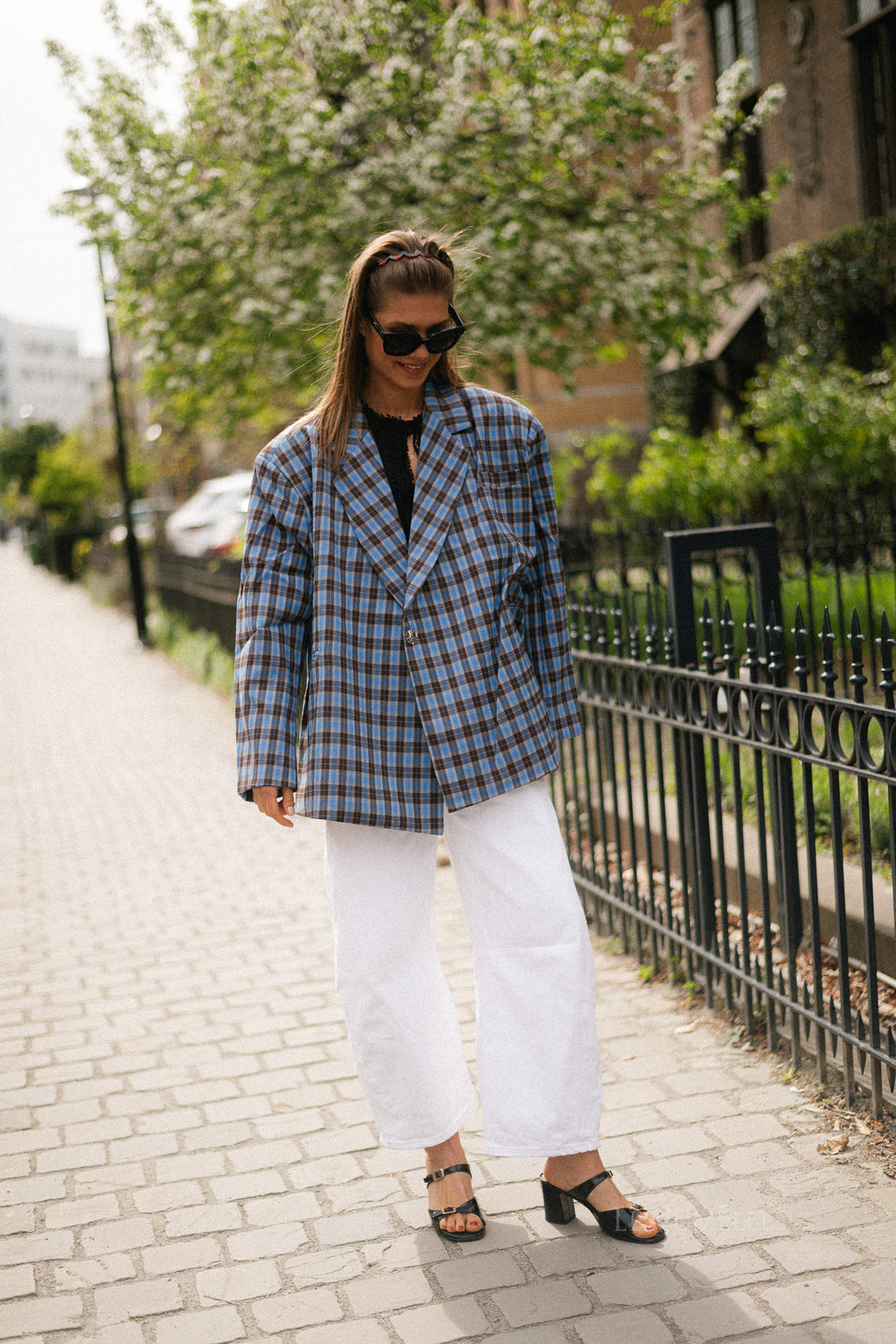 Chloe oversized signature check blazer - electric blue/hot chocolate