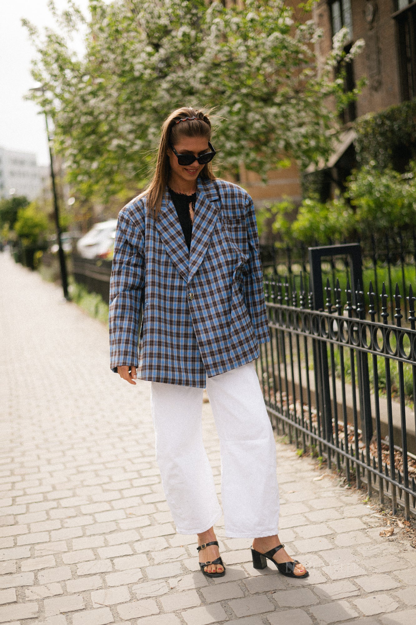 Chloe oversized signature check blazer - electric blue/hot chocolate