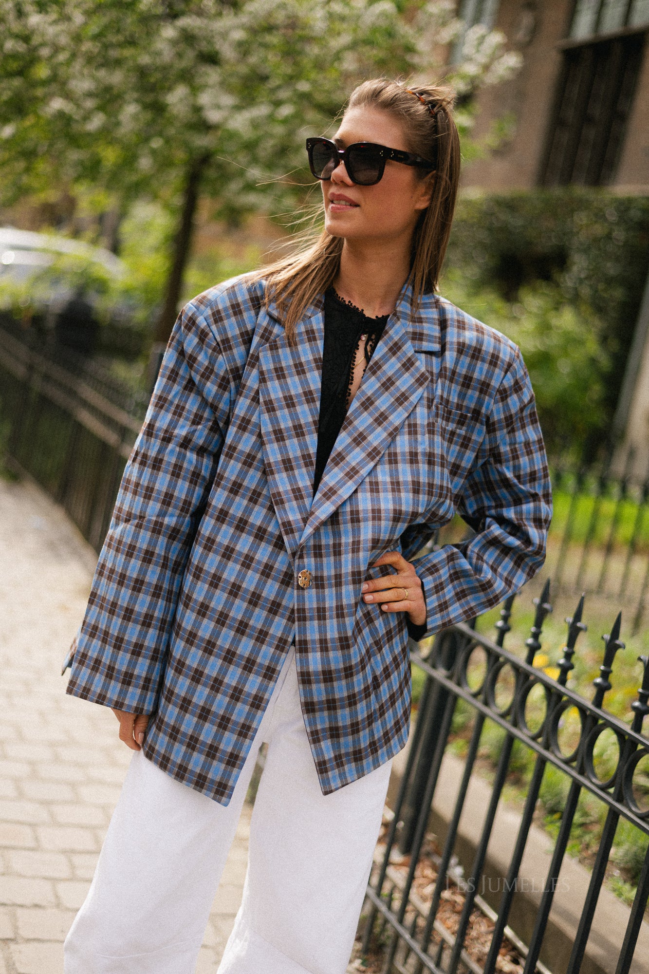 Chloe oversized signature check blazer - electric blue/hot chocolate