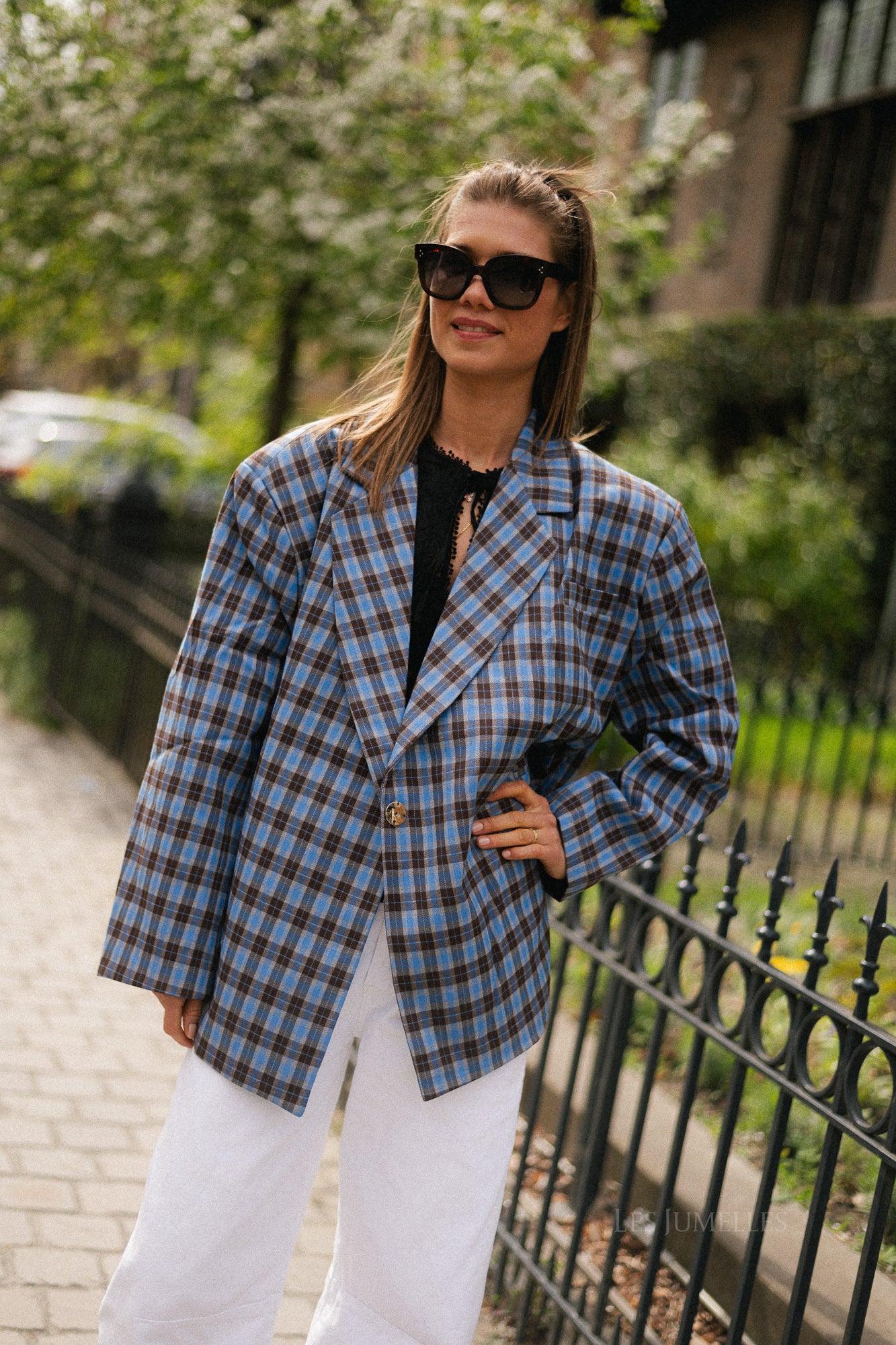 Chloe oversized signature check blazer - electric blue/hot chocolate