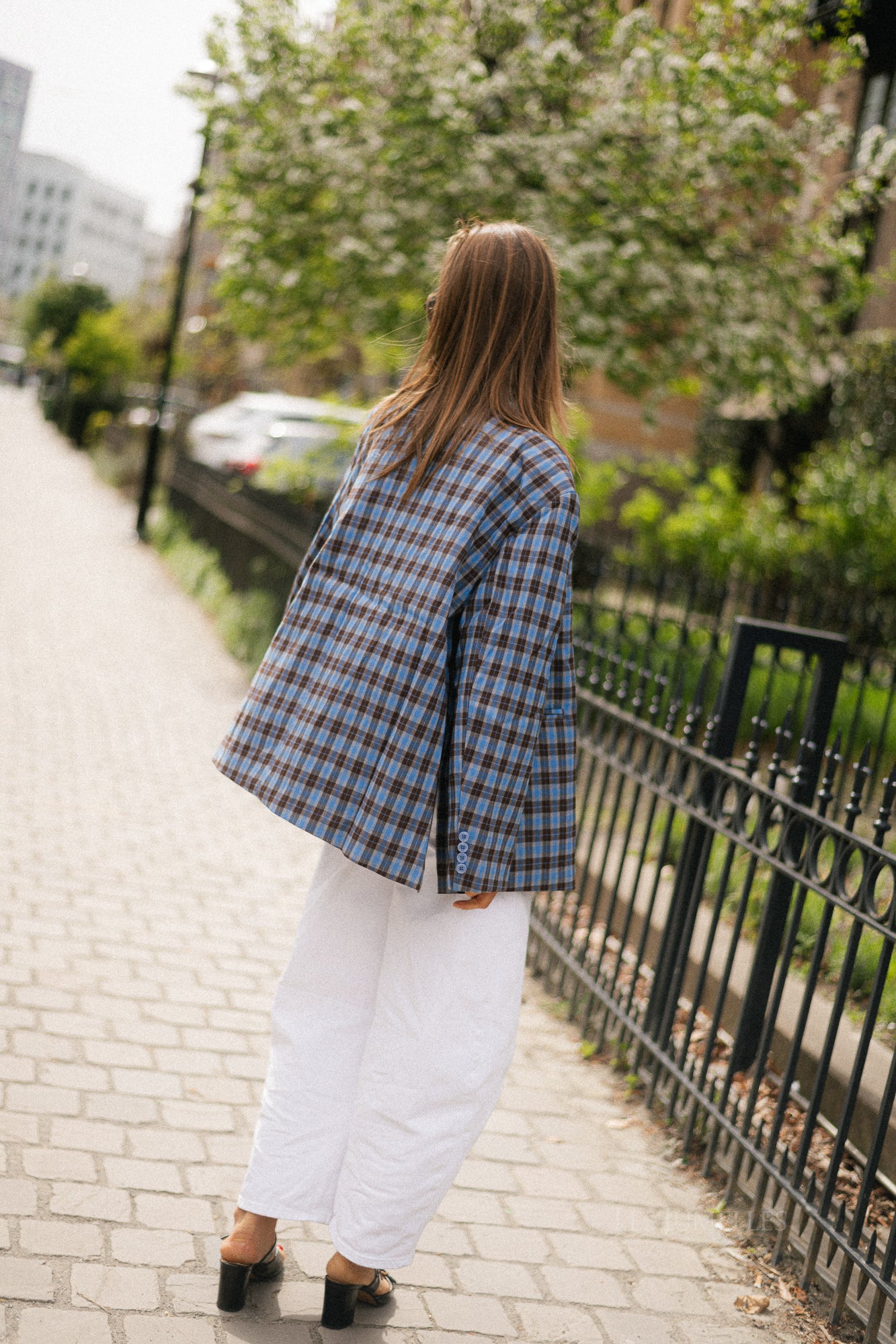 Chloe oversized signature check blazer - electric blue/hot chocolate
