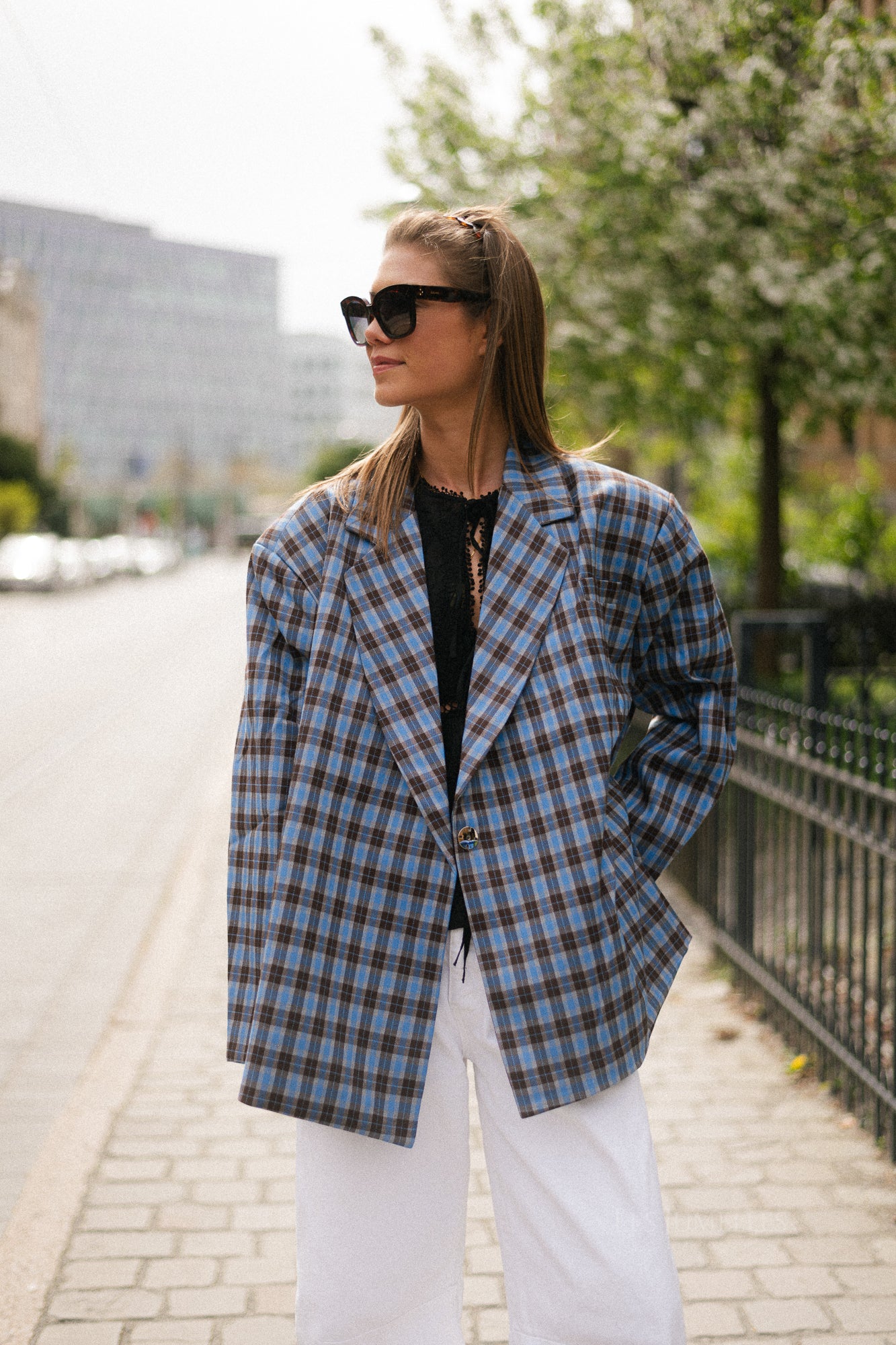 Chloe oversized signature check blazer - electric blue/hot chocolate